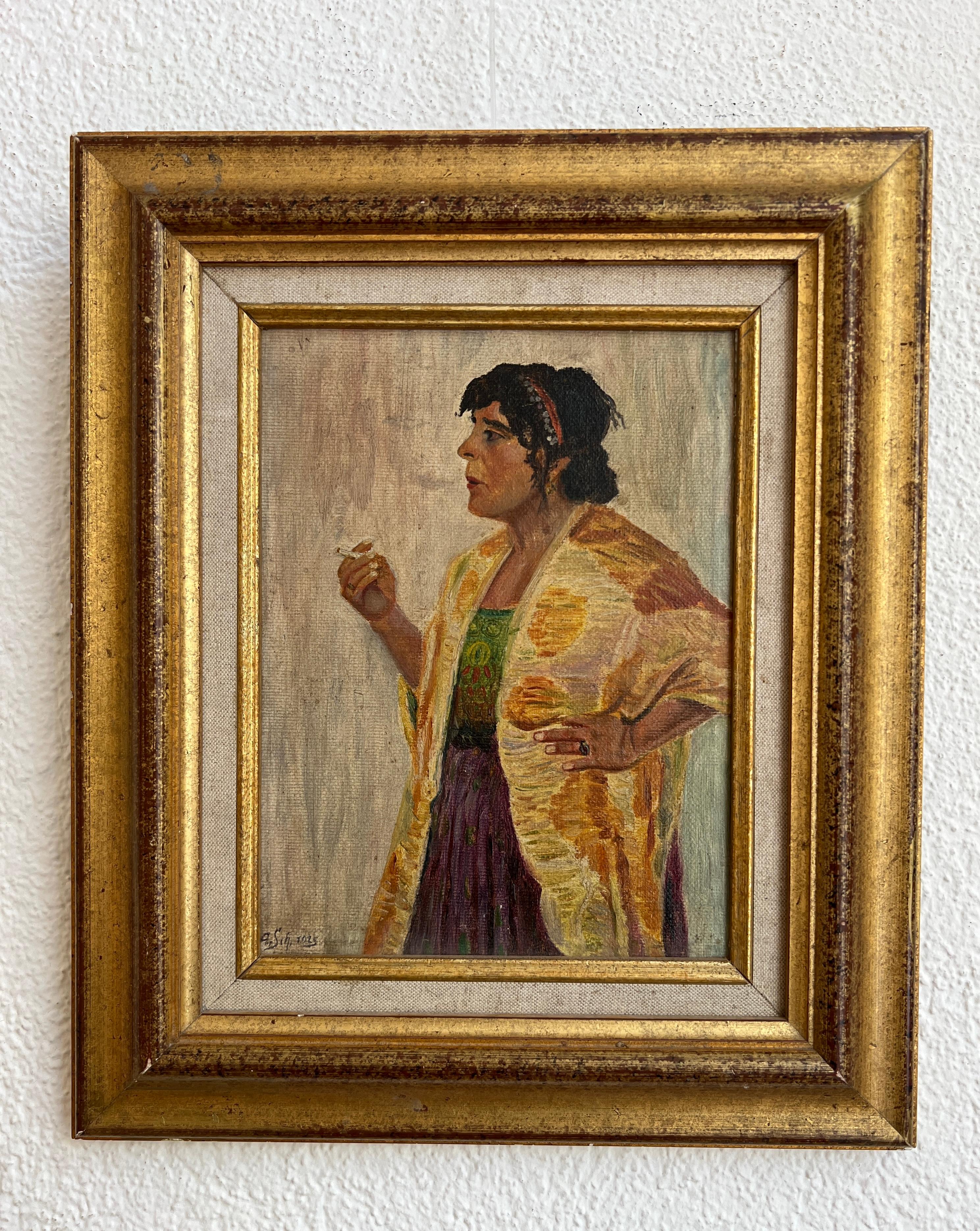 Frau mit Zigaretten – Painting von Unknown