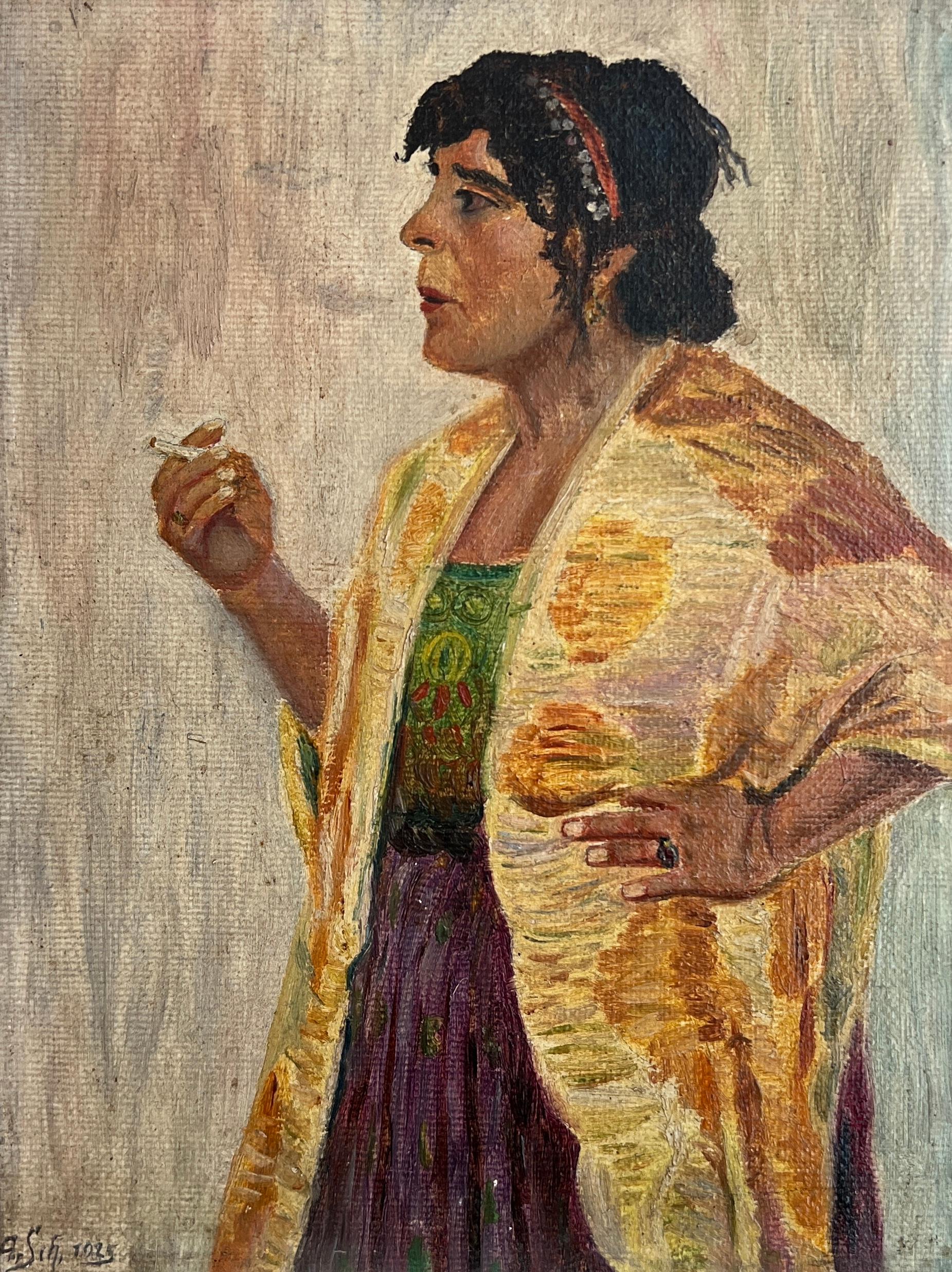 Unknown Figurative Painting – Frau mit Zigaretten