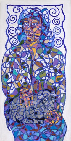 Woman With Dog - Original Abstract Portrait Painting with Mosaic Color Blocks