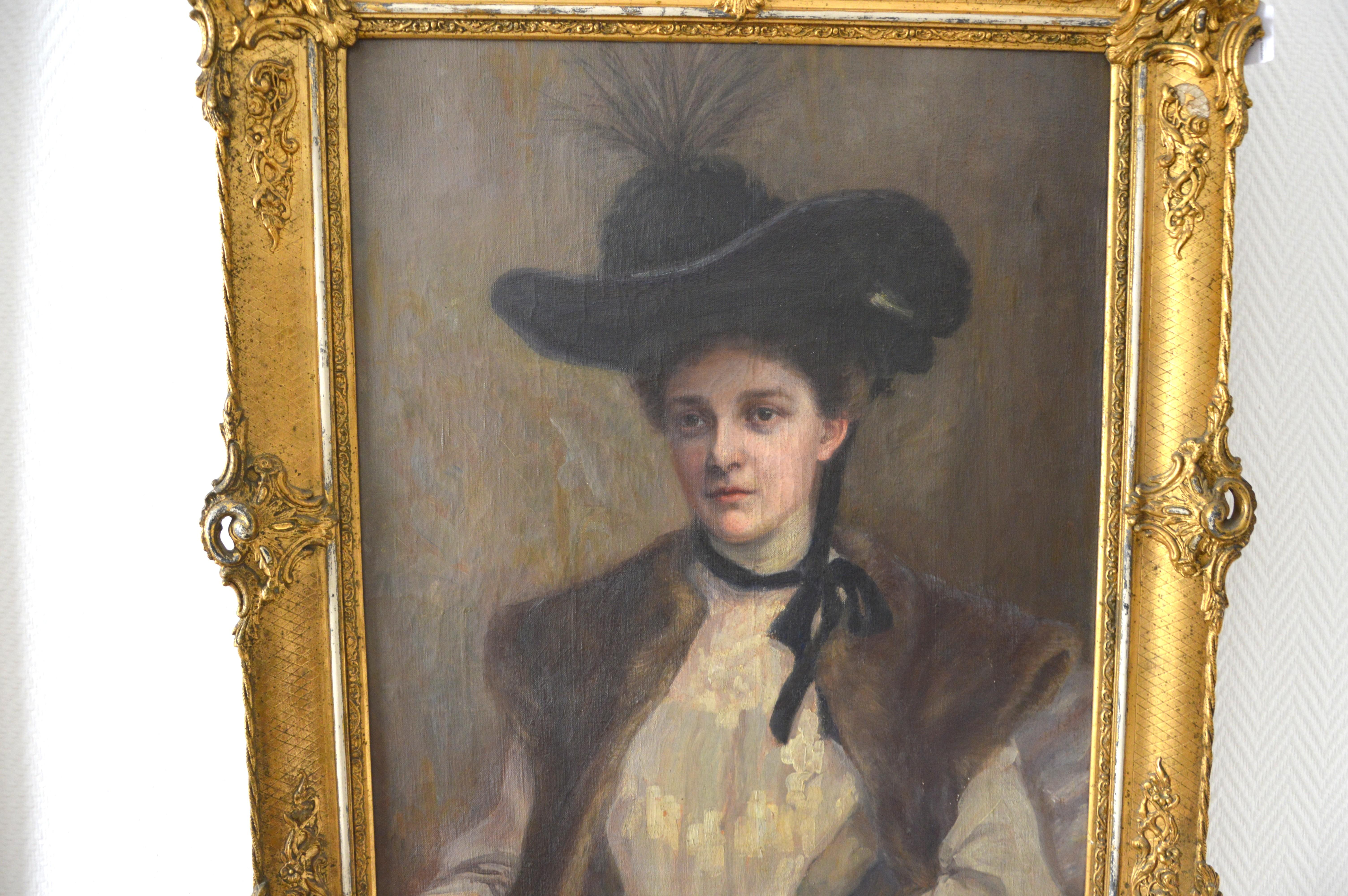 Woman with Hat Art Nouveau - Painting by Unknown