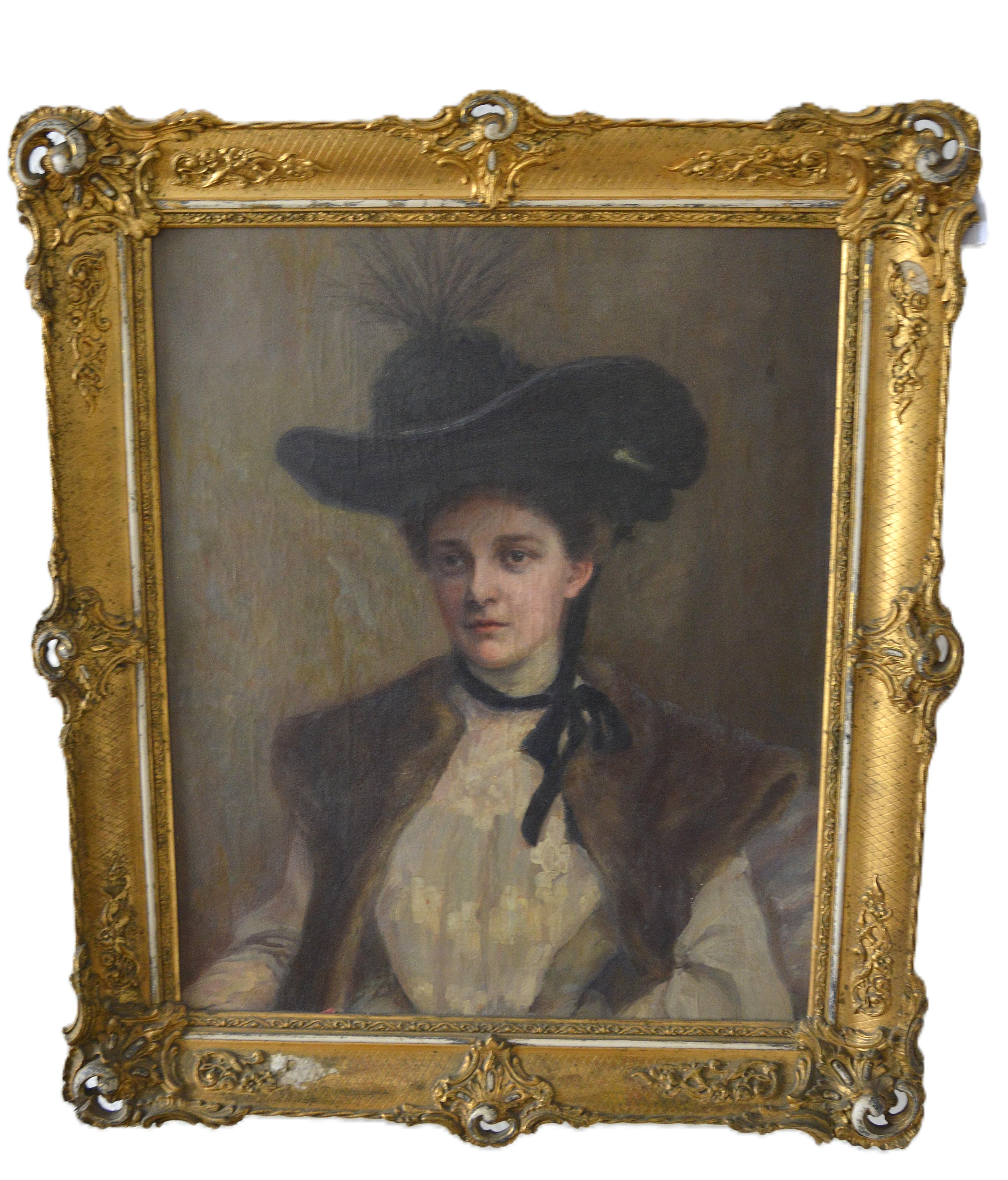 Woman with Hat Art Nouveau - Brown Portrait Painting by Unknown