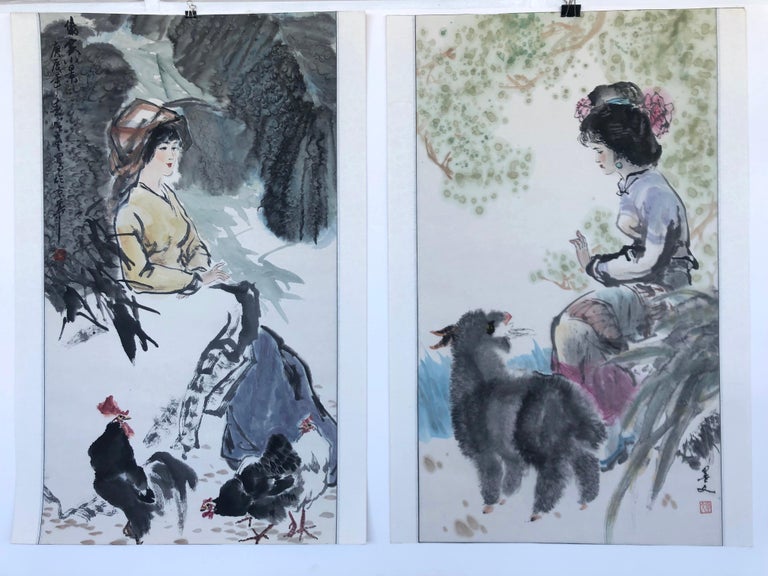 Unknown Woman With Lamb Chinese Ink And Watercolor For Sale At