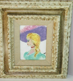 Woman with Purple Hat Enameled Glass on Copper