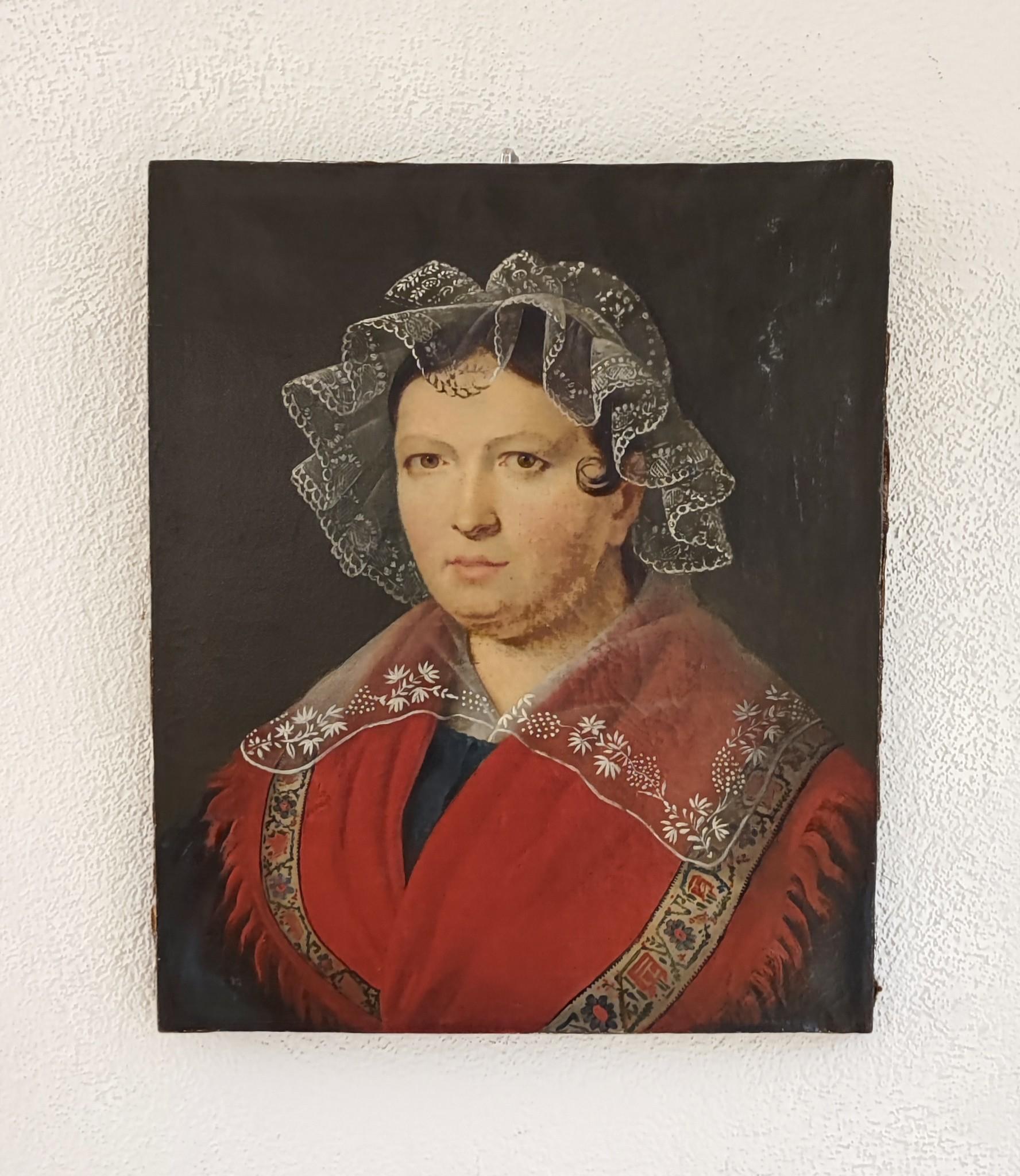 Frau mit rotem Schal und Musselinkopfschmuck – Painting von Unknown