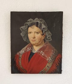 Woman with red shawl and muslin headdress