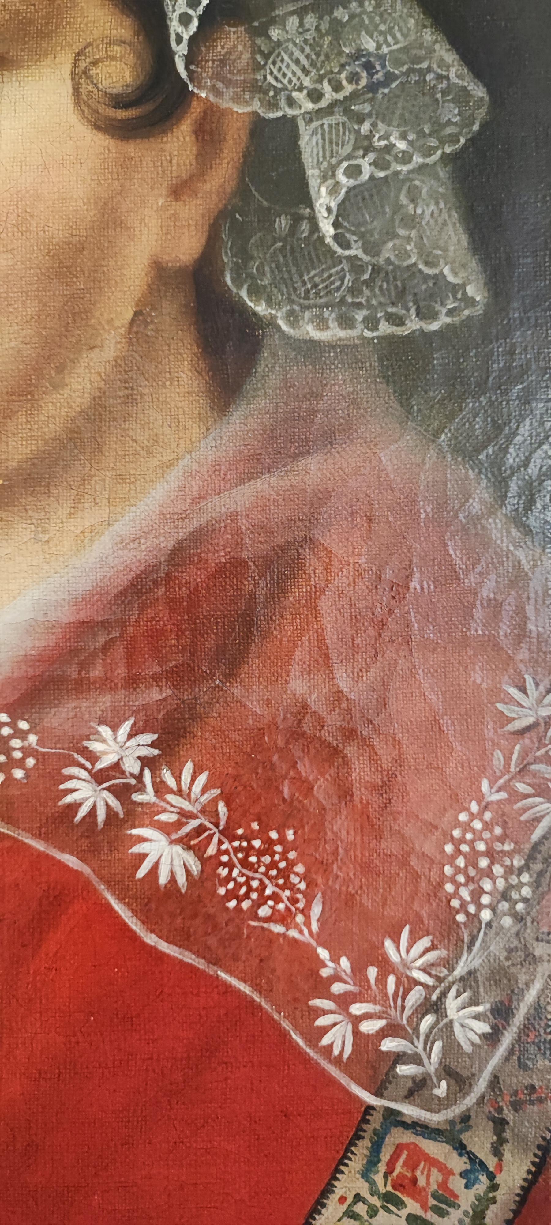 Frau mit rotem Schal und Musselinkopfschmuck (Schwarz), Portrait Painting, von Unknown