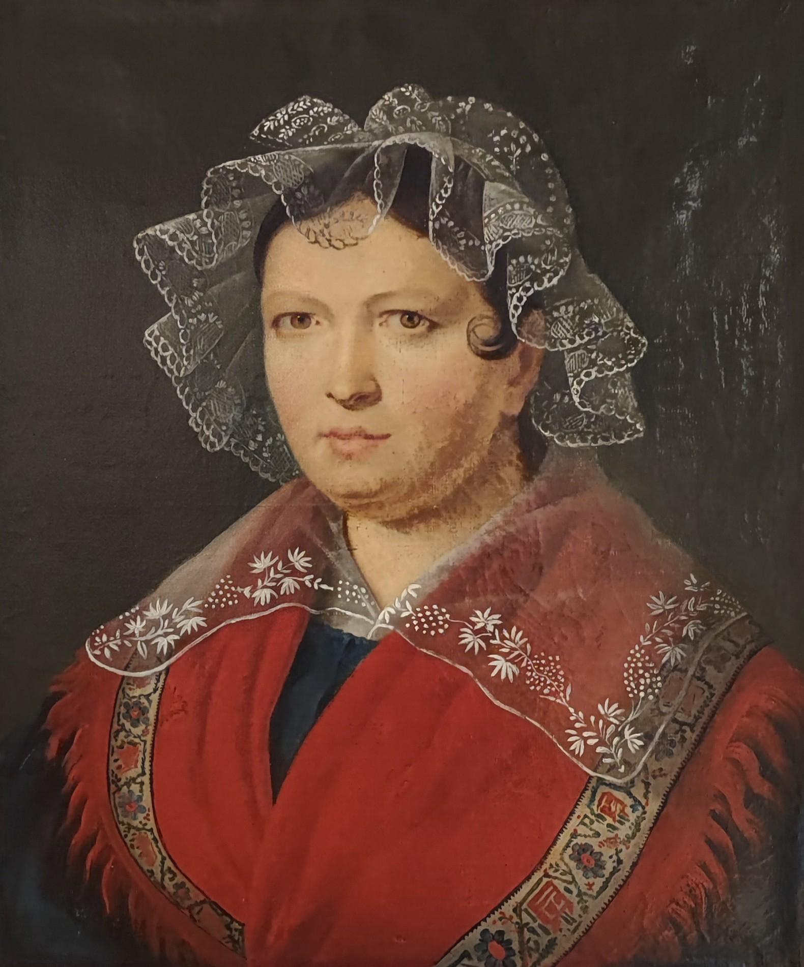 Unknown Portrait Painting - Woman with red shawl and muslin headdress