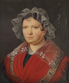 Antique Woman with red shawl and muslin headdress