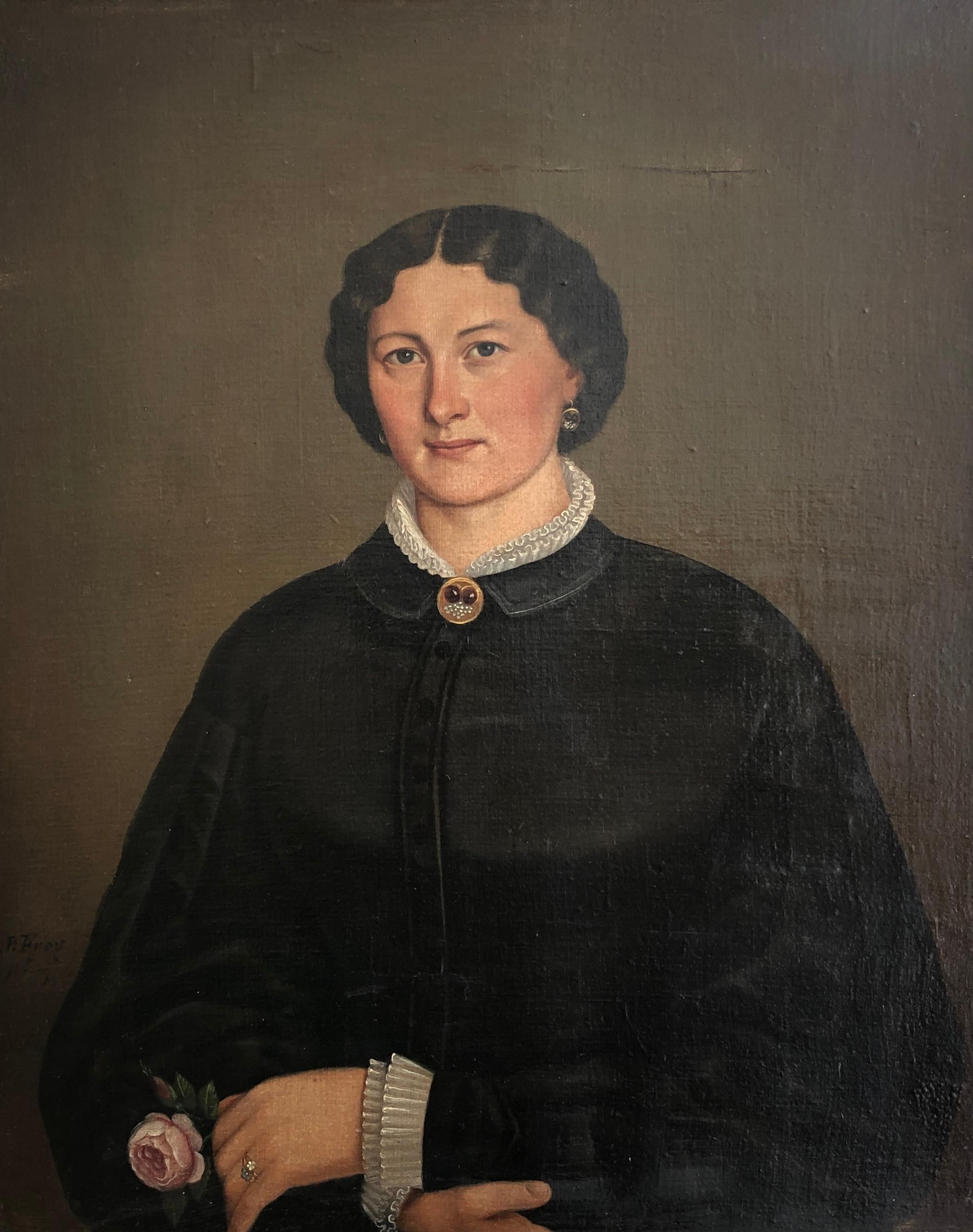 Unknown Portrait Painting – Frau mit Rose