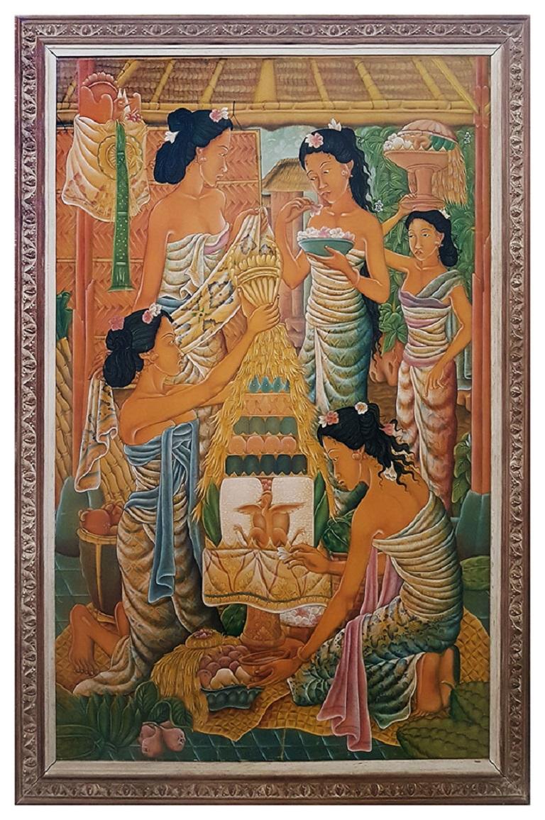 Unknown Figurative Painting - Women from Bali - Oil on Fabric by Balinese Artist from Ubud - 1950/60s