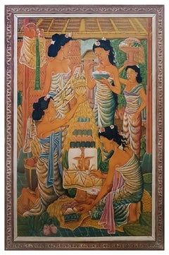 Women from Bali - Oil on Fabric by Balinese Artist from Ubud - 1950/60s