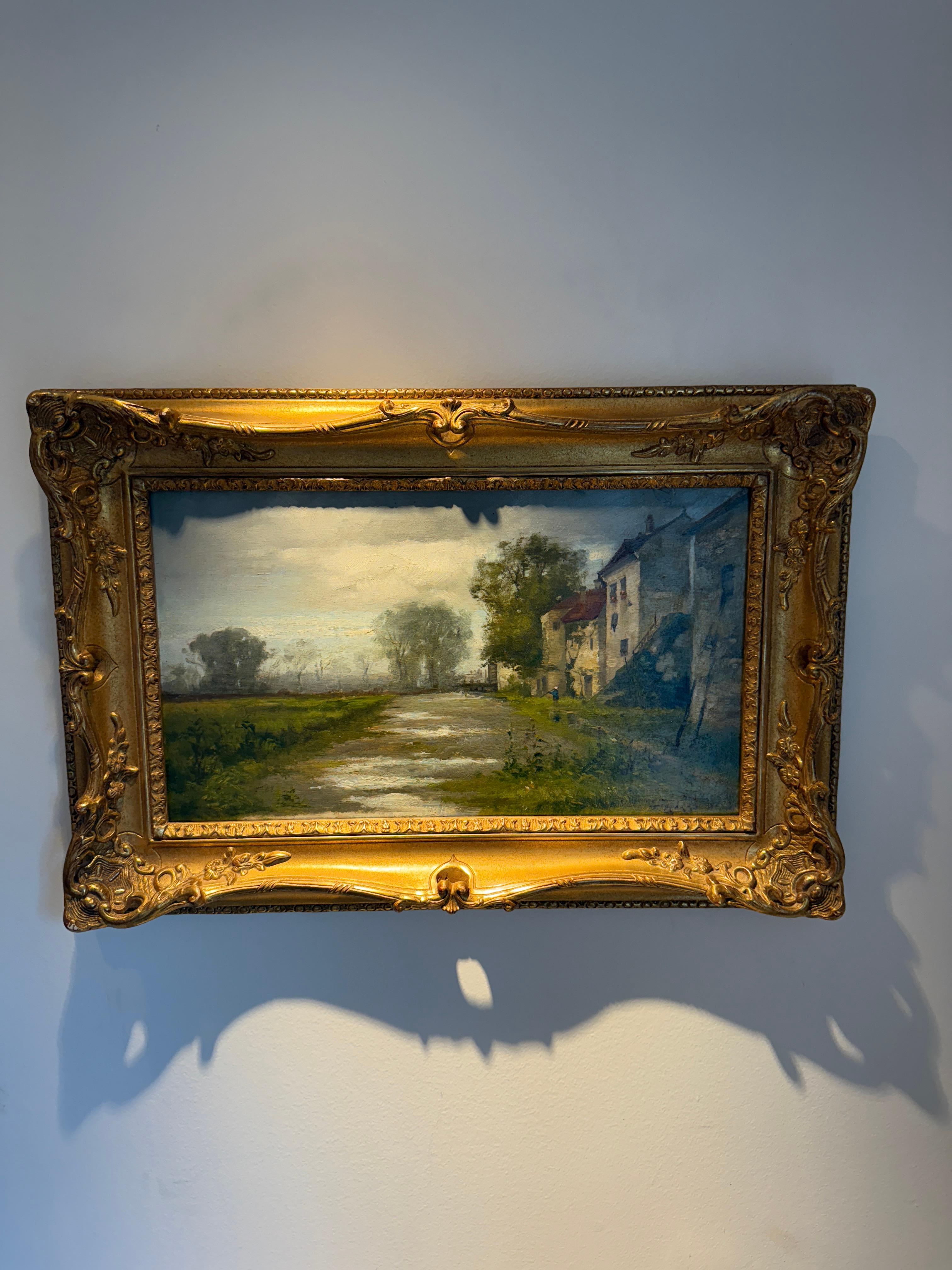 « Femmes dans une cour avec paysage nuageux » - Painting de Unknown