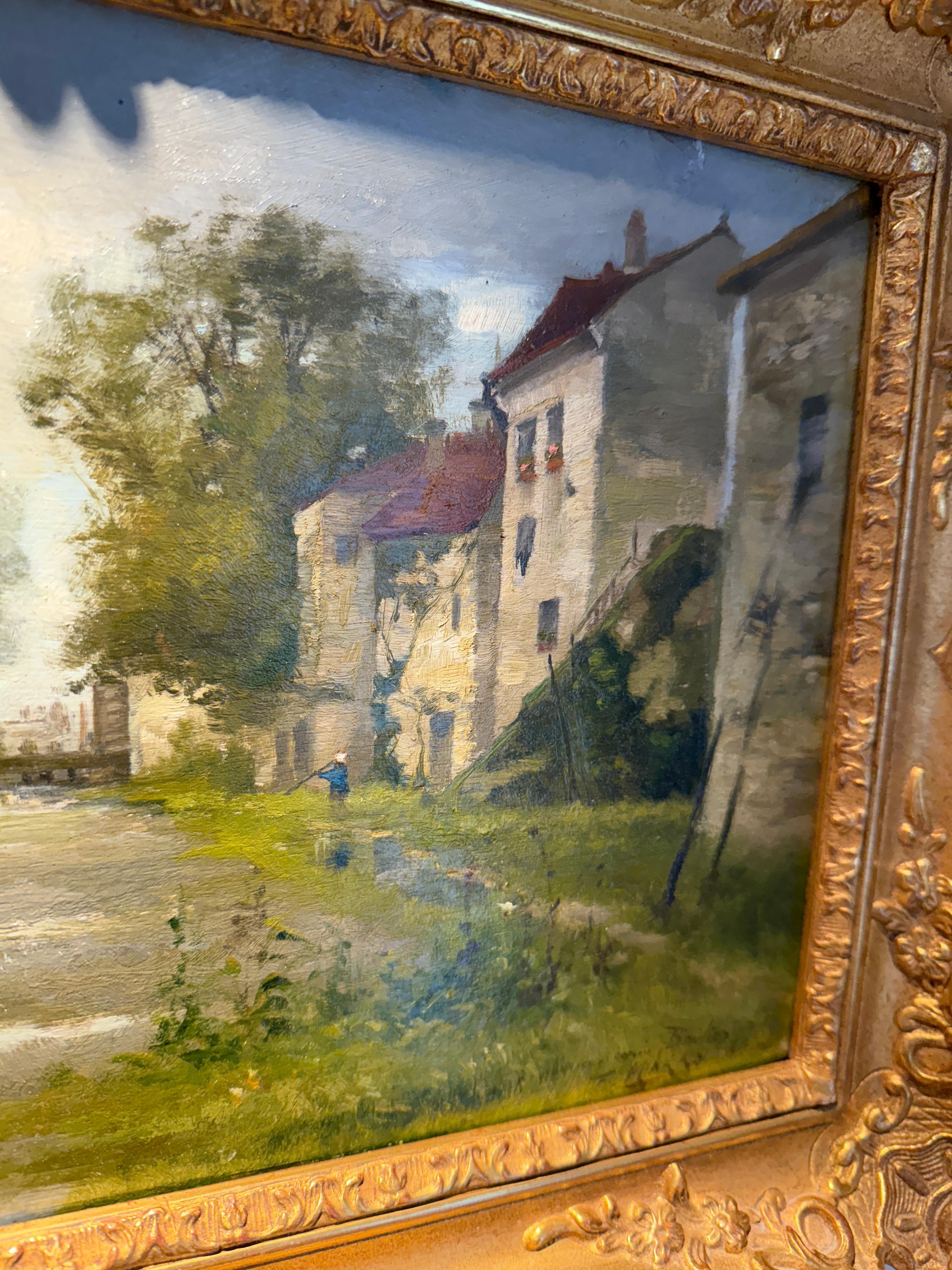 « Femmes dans une cour avec paysage nuageux » - Marron Landscape Painting par Unknown