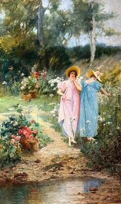 "Women in garden" 19th Century Oil Painting on Canvas
