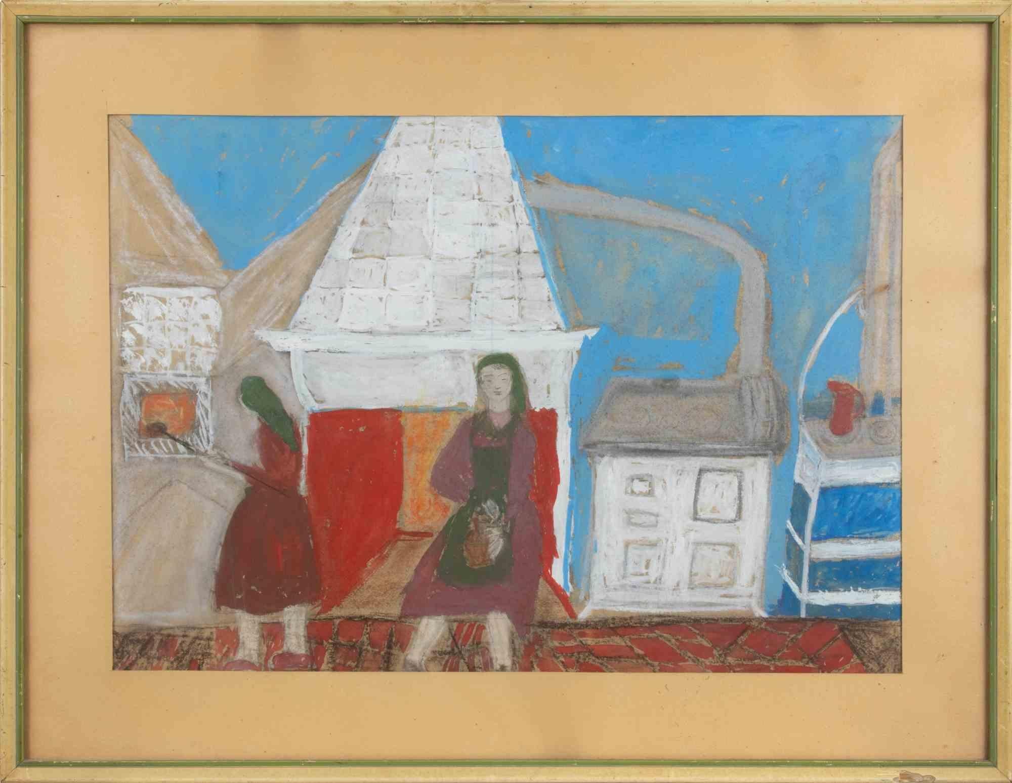 Interior Painting Unknown - Femmes - Technique mixte - Milieu du 20e siècle