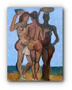 Women on Beach (Early 20th Century Figurative Nude Cubist Painting)