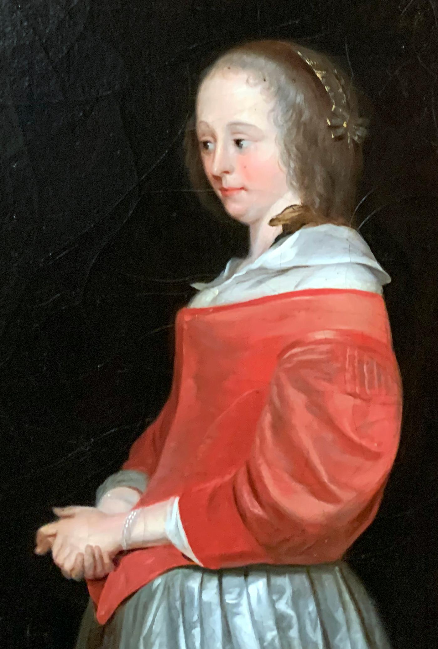 Mujer con perro (estilo) Gérard ter Borch (1617/1681) - Figurative Painting Negro de Unknown