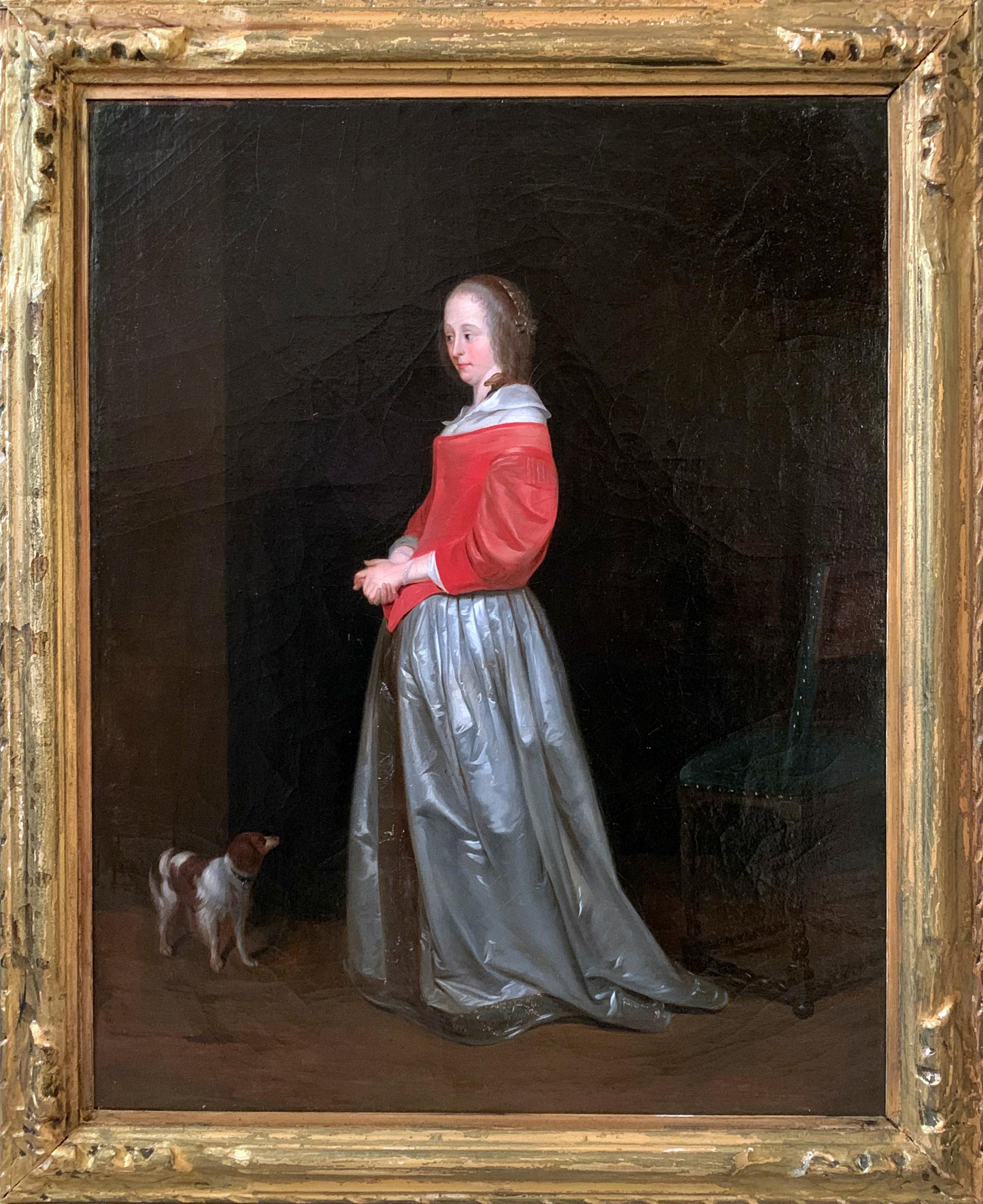 Figurative Painting de Unknown - Mujer con perro (estilo) Gérard ter Borch (1617/1681)