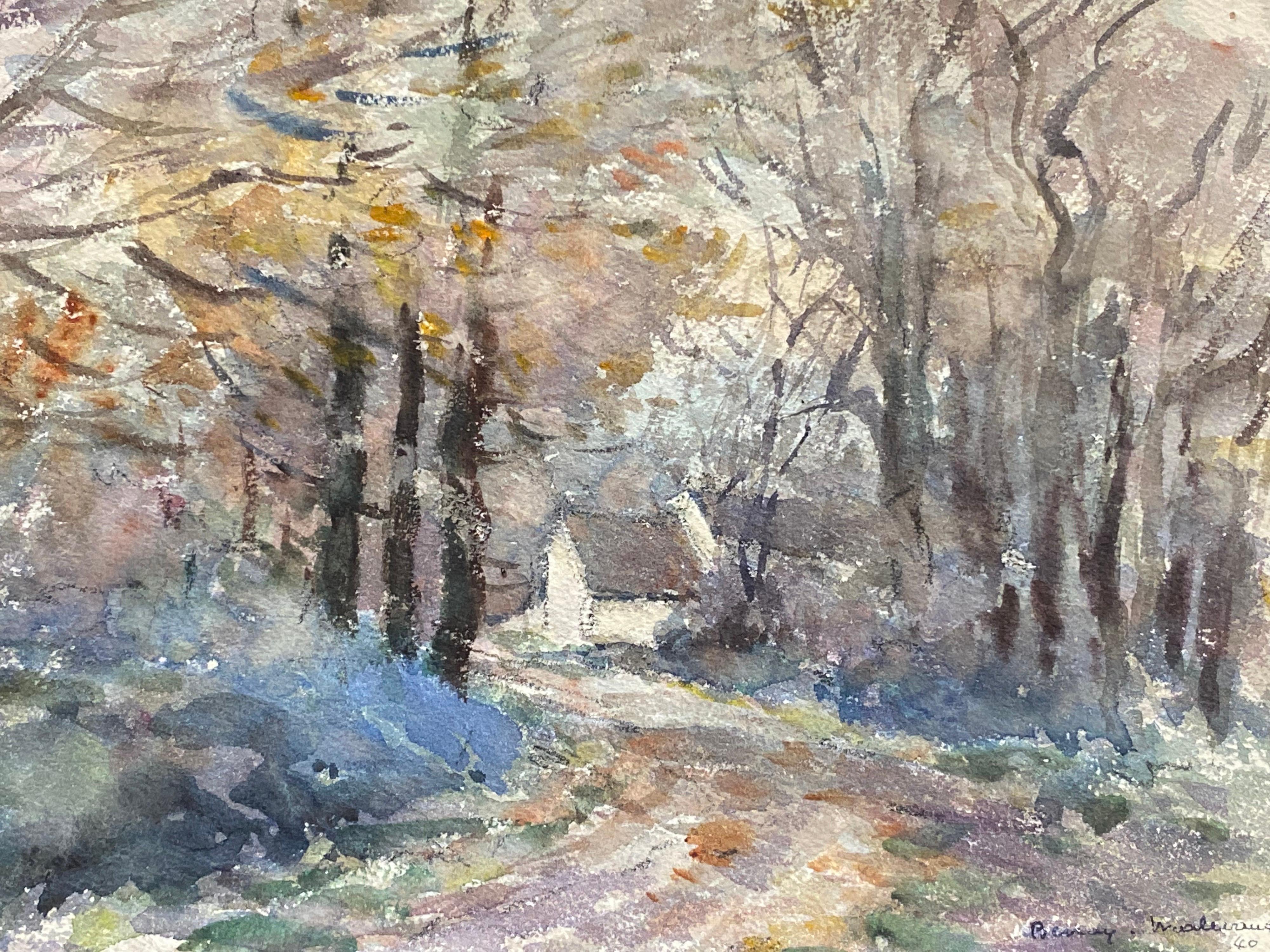 Woodland Cottage, French Signed Impressionist Gouache Painting - Gray Landscape Painting by Unknown