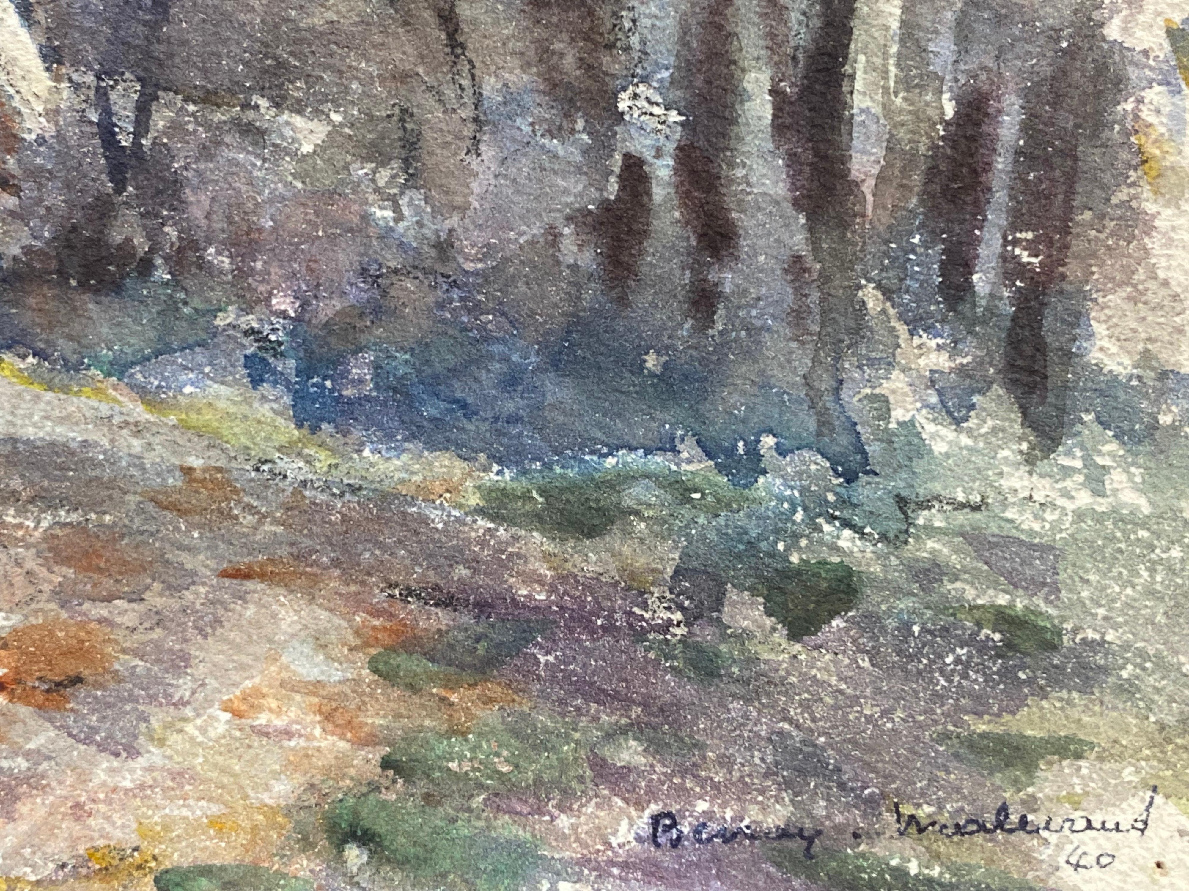 Woodland Cottage, French Signed Impressionist Gouache Painting For Sale 1