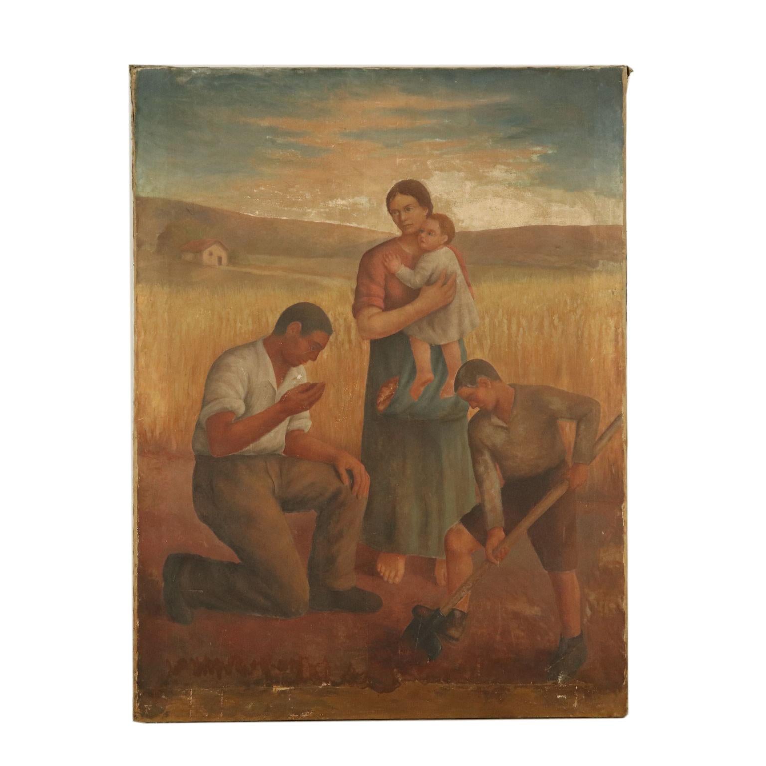 Unknown Figurative Painting - Work in the Fields Oil Painting 20th Century