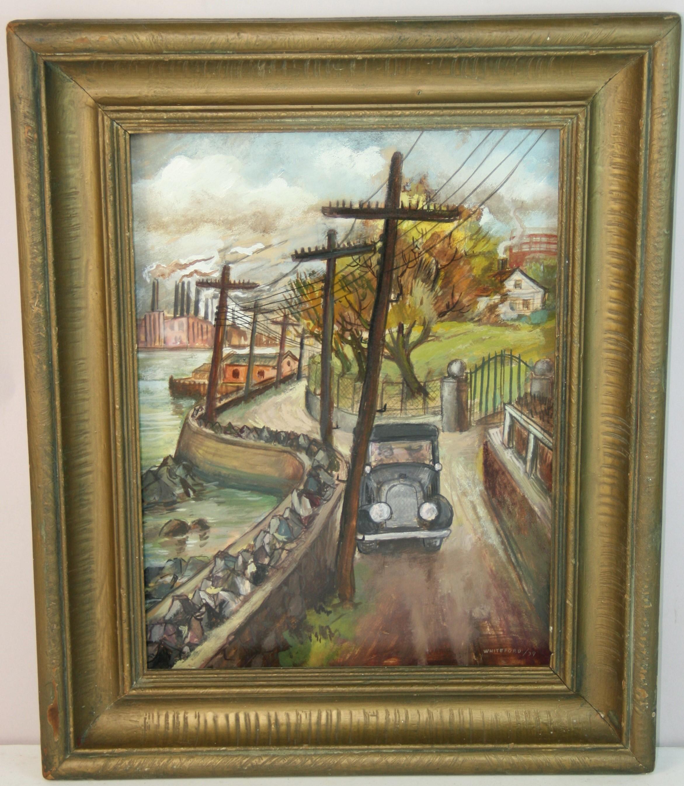Olio WPA lungo l'East River - Landscape Painting Grigio di Unknown