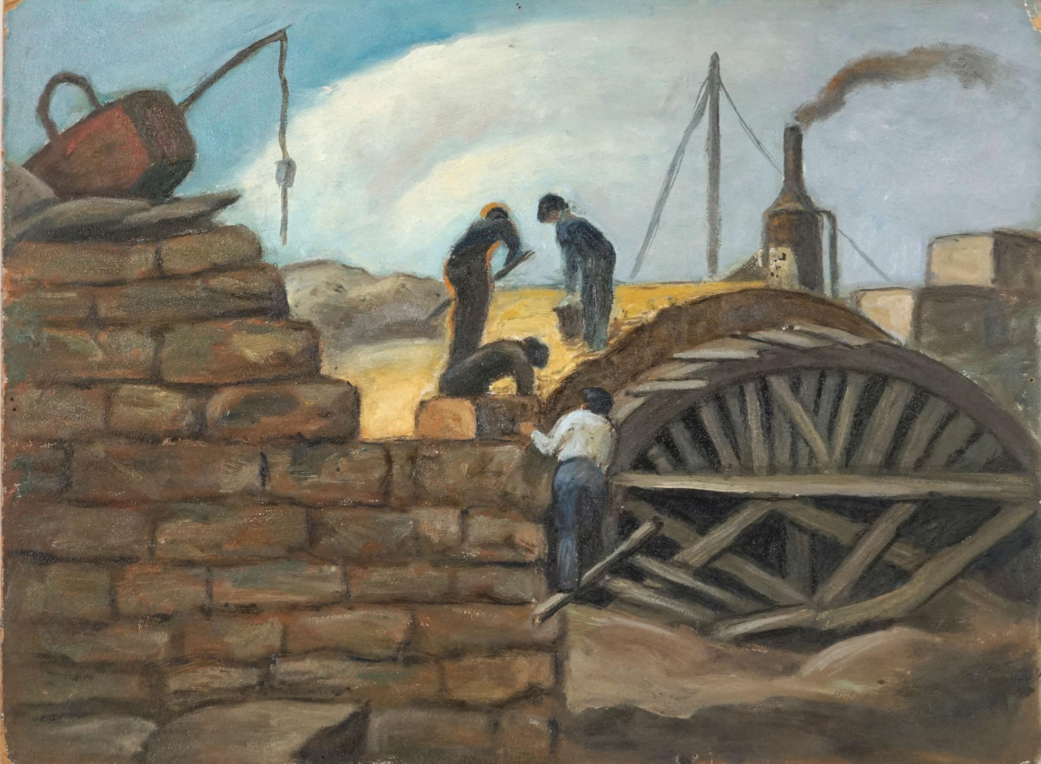 Unknown Figurative Painting - WPA Style Social Realism -- Working on a Tunnel 1920s