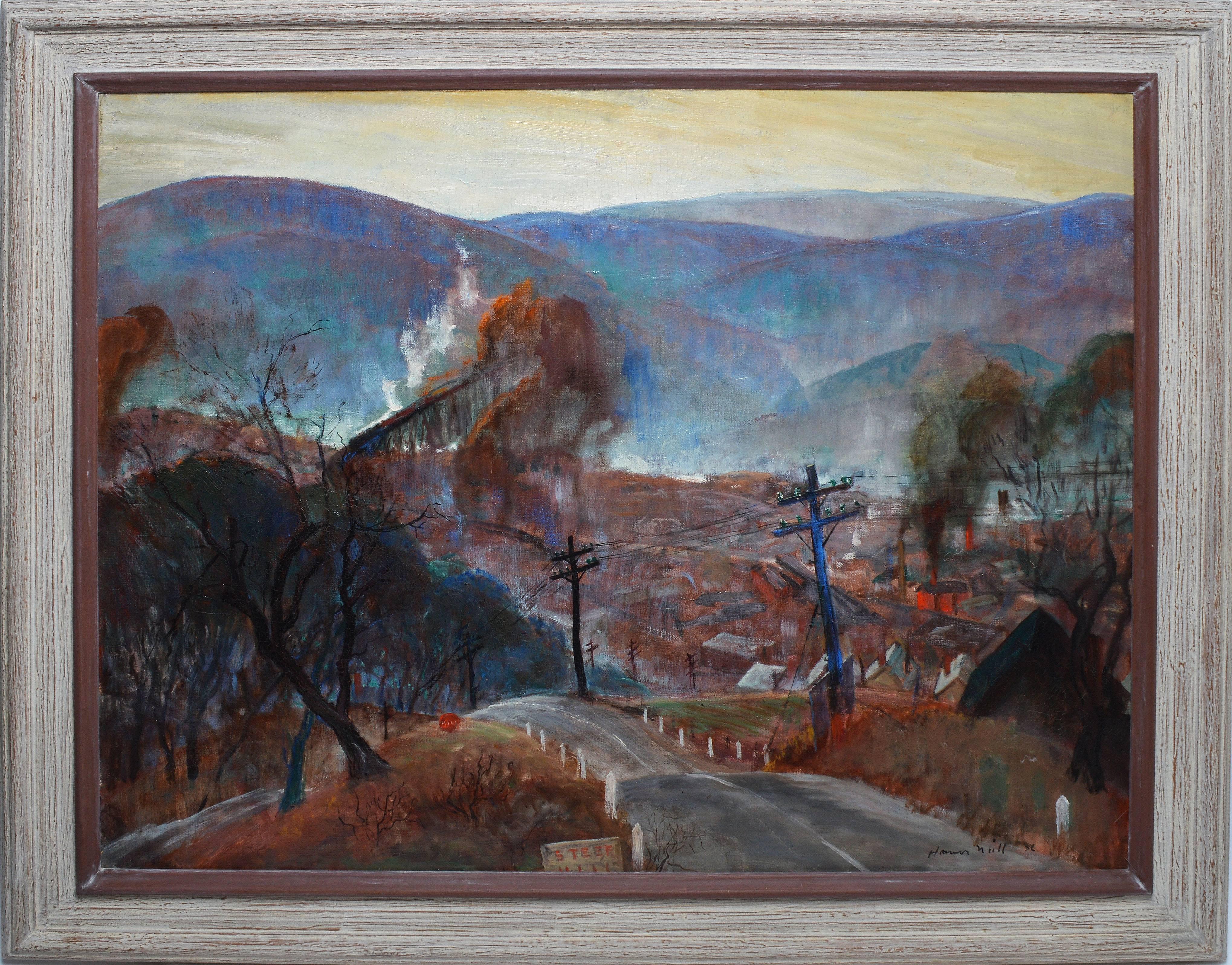 Unknown Landscape Painting - Antique American Regionalist WPA Cityscape Signed Oil Painting