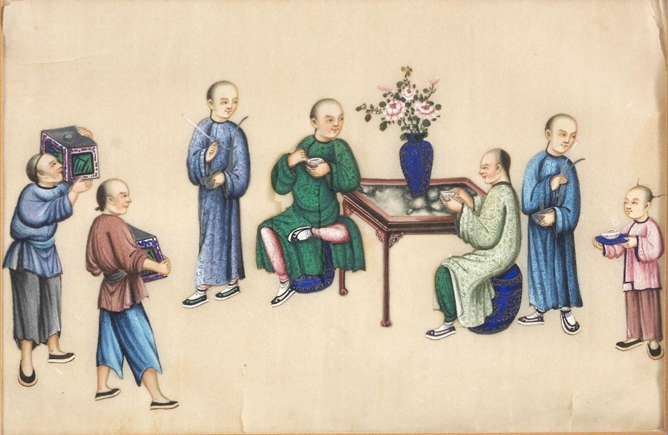 Unknown Figurative Painting - Writers with Waiters - Pair of Mixed Media on Paper by Chinese Master Early 1900