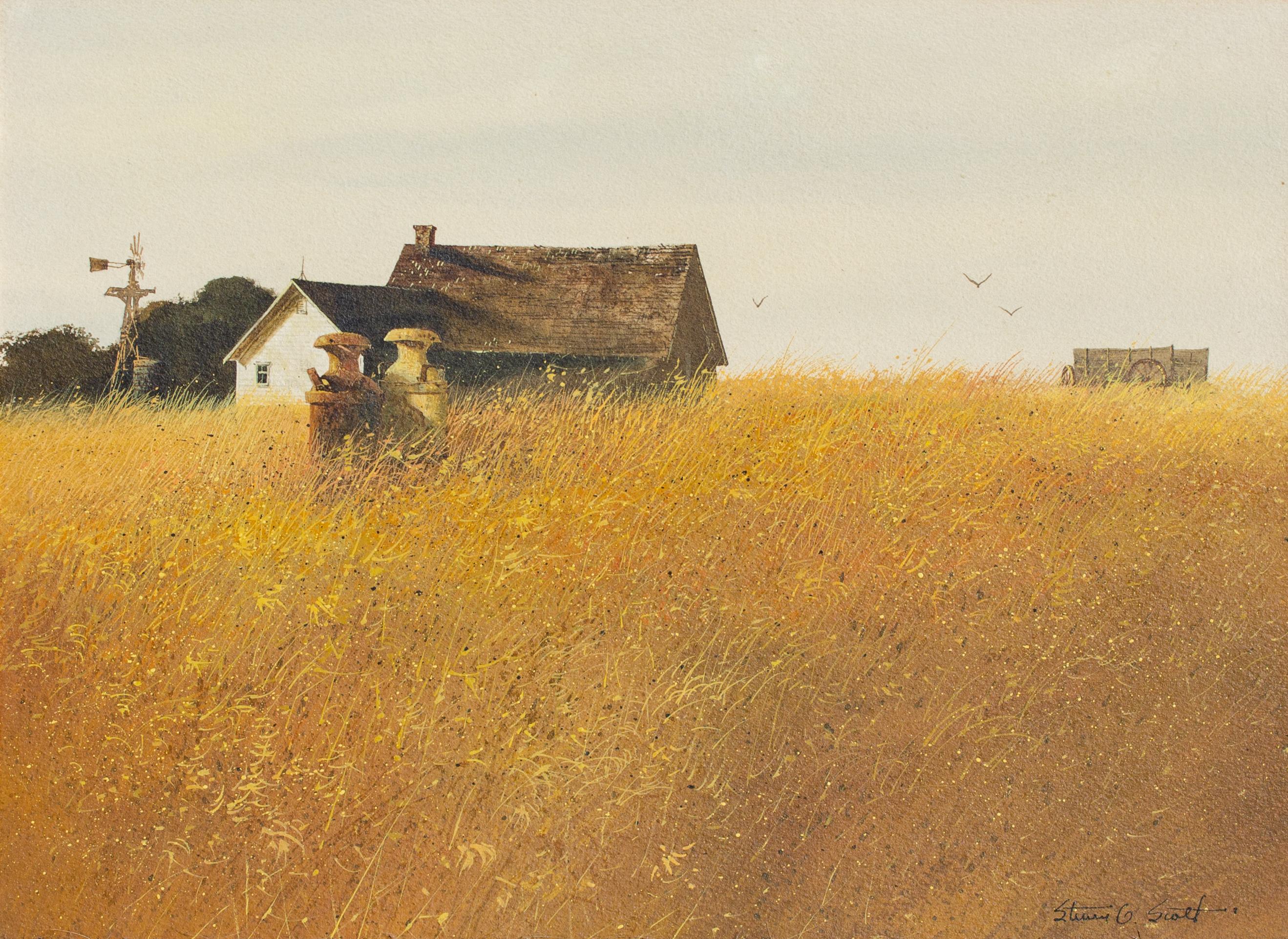 Unknown Landscape Painting - Wyeth-Style American Farmhouse Painting, Dated 1971