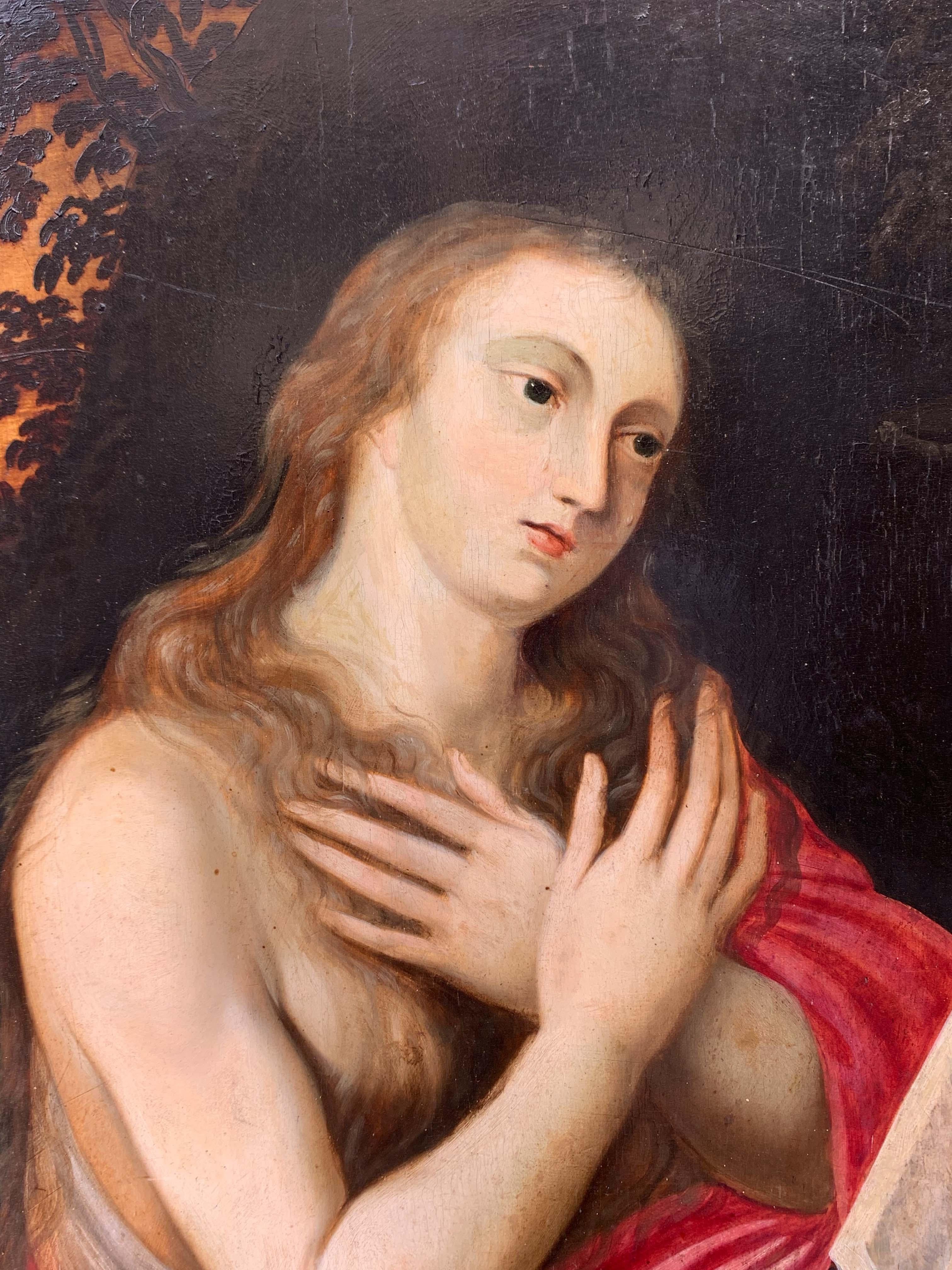 XVII sec. Pittura di scuola fiamminga: Maria Maddalena. Con un raro collage sul retro - Painting di Unknown