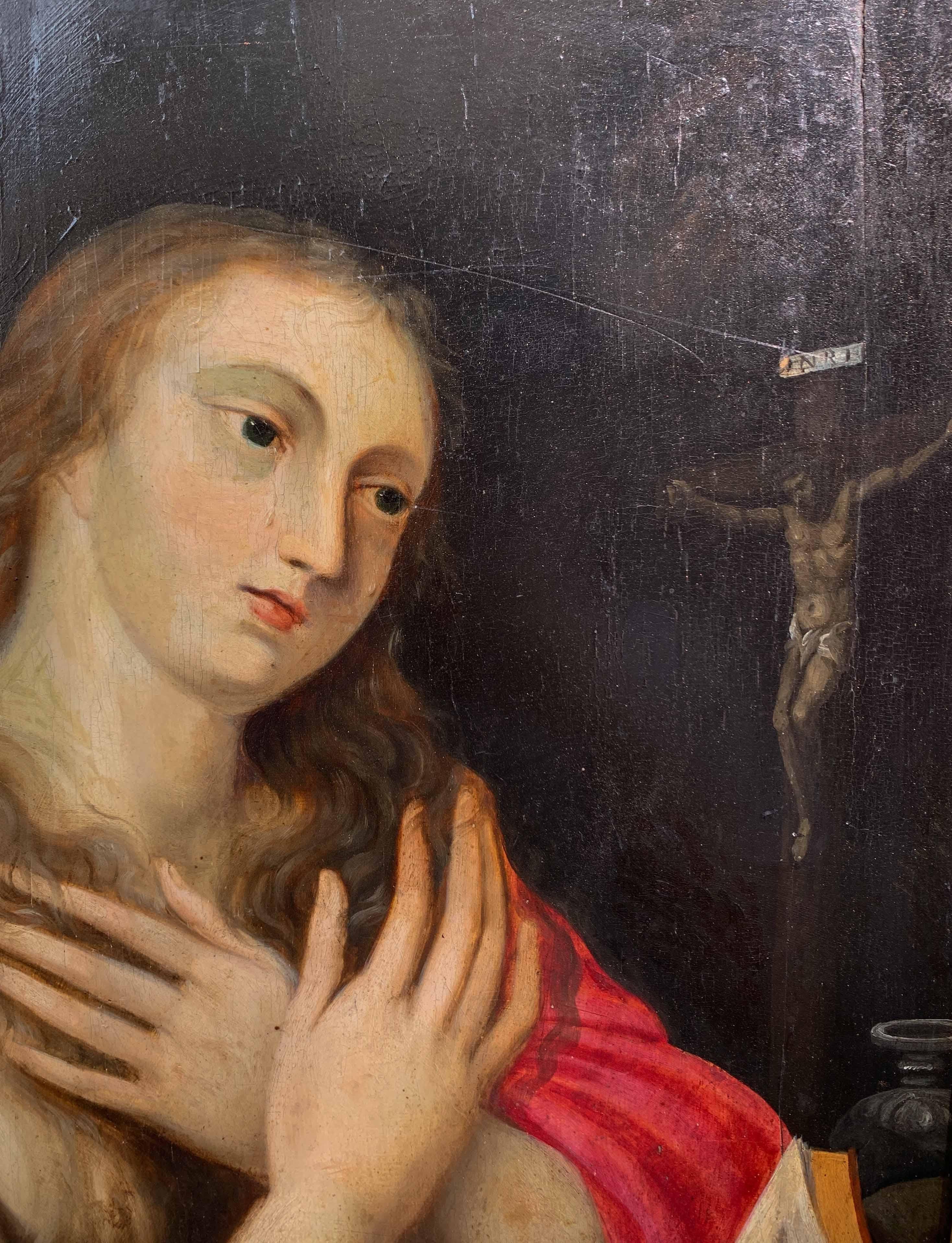 XVII sec. Pittura di scuola fiamminga: Maria Maddalena. Con un raro collage sul retro - Landscape Painting Marrone di Unknown