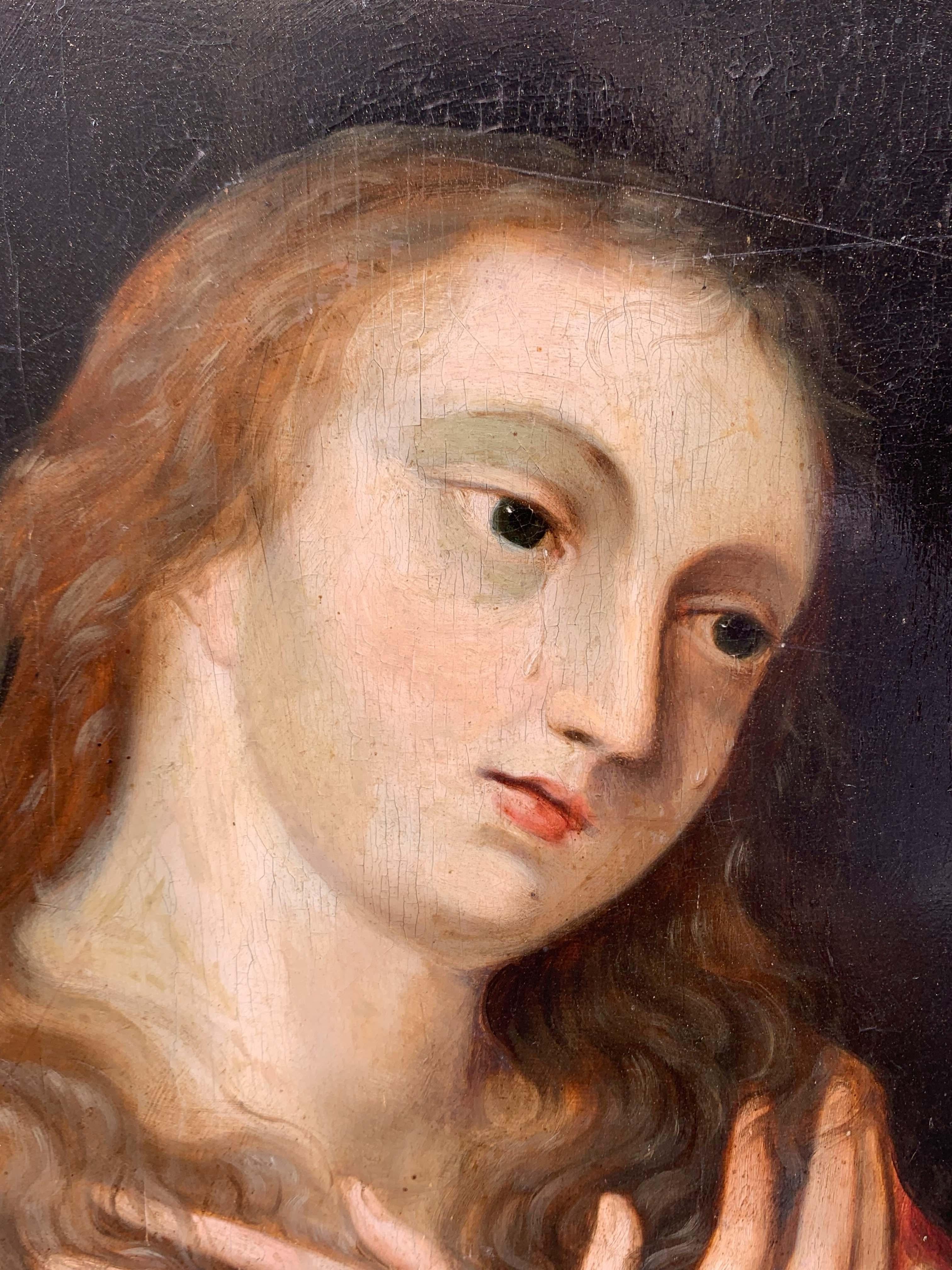 XVII sec. Pittura di scuola fiamminga: Maria Maddalena. Con un raro collage sul retro in vendita 1