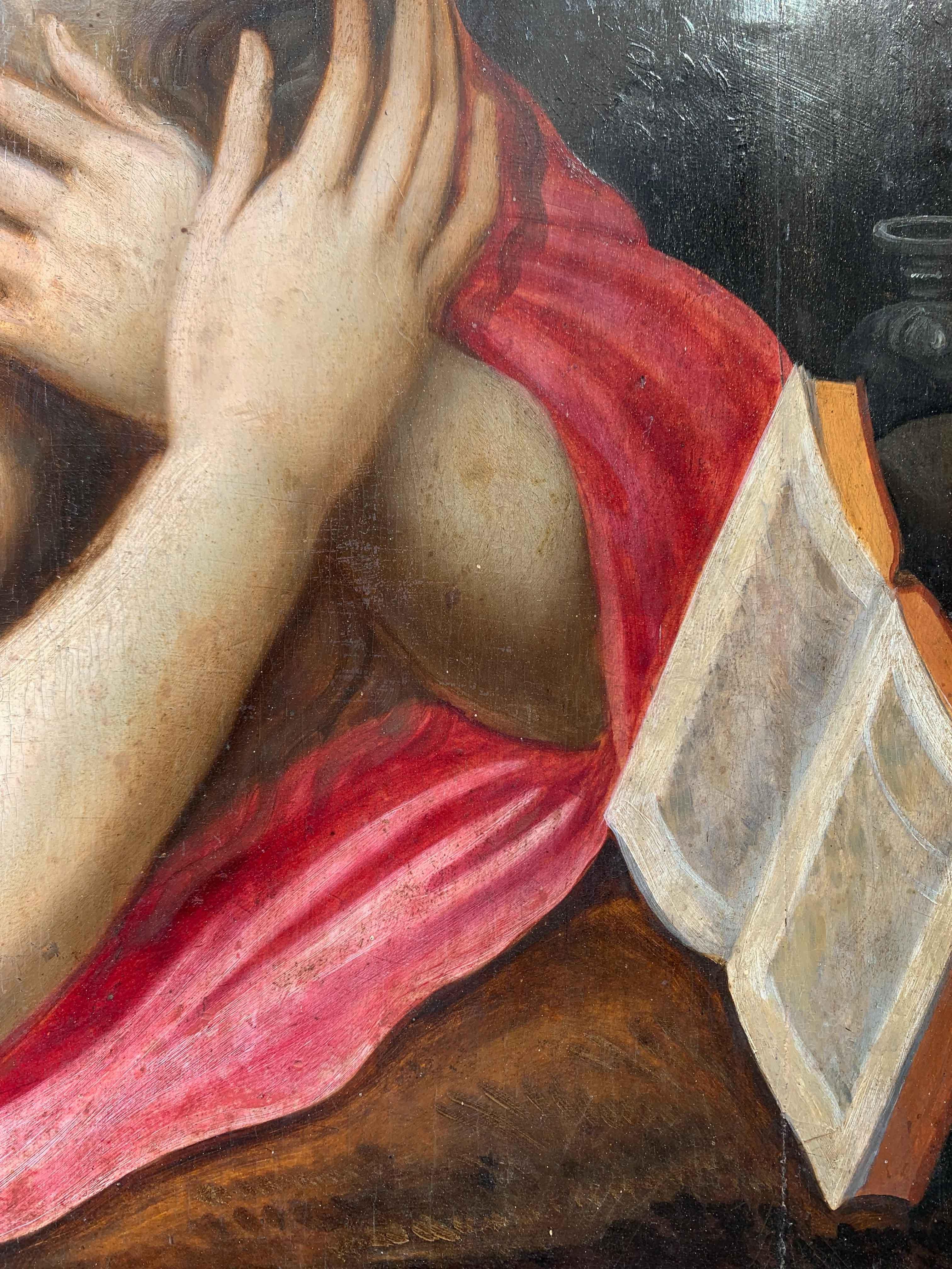 XVII sec. Pittura di scuola fiamminga: Maria Maddalena. Con un raro collage sul retro in vendita 3