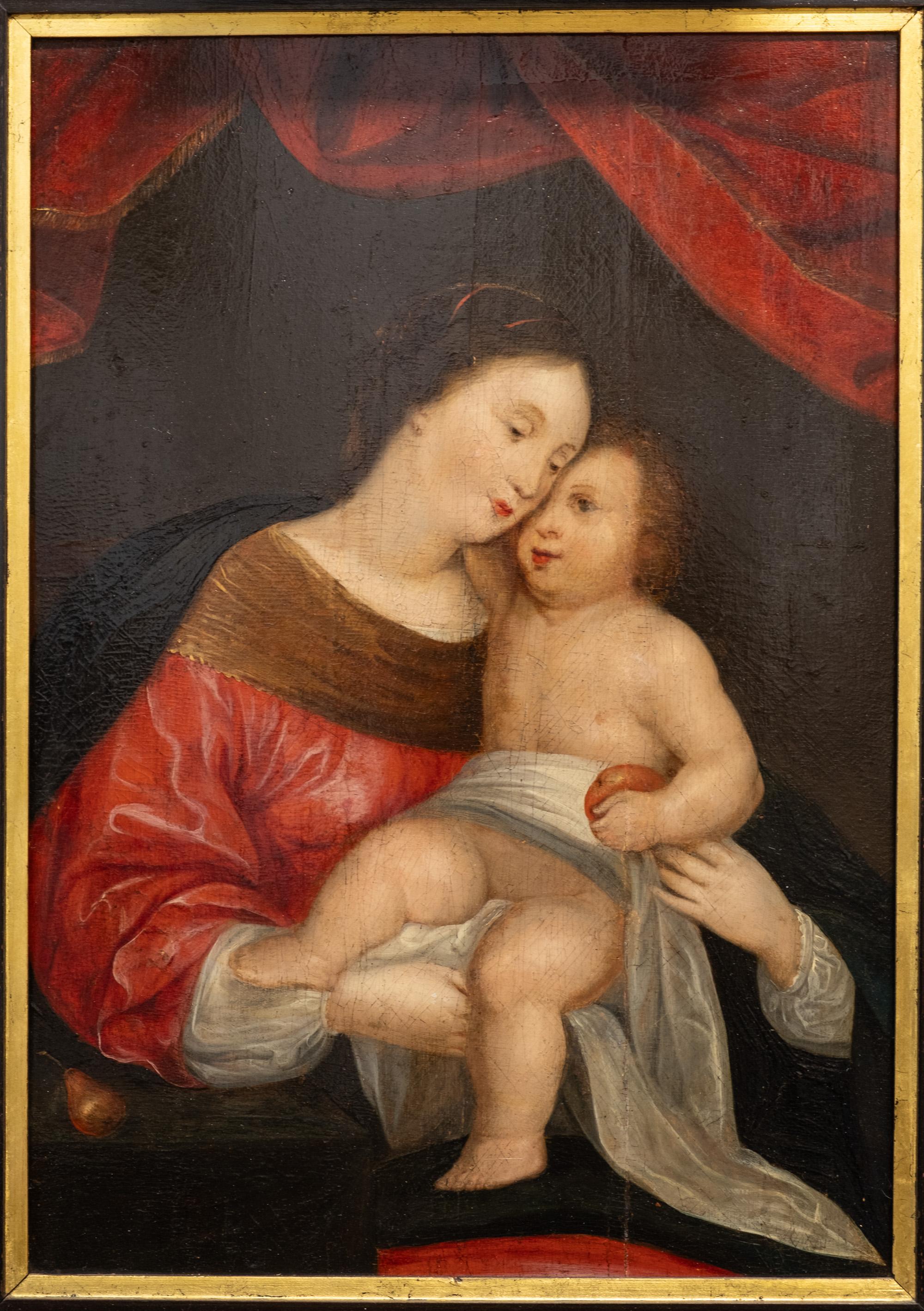 Escuela flamenca del siglo XVII, Virgen con niño y drapeado rojo. Aceite/madera - Painting de Unknown