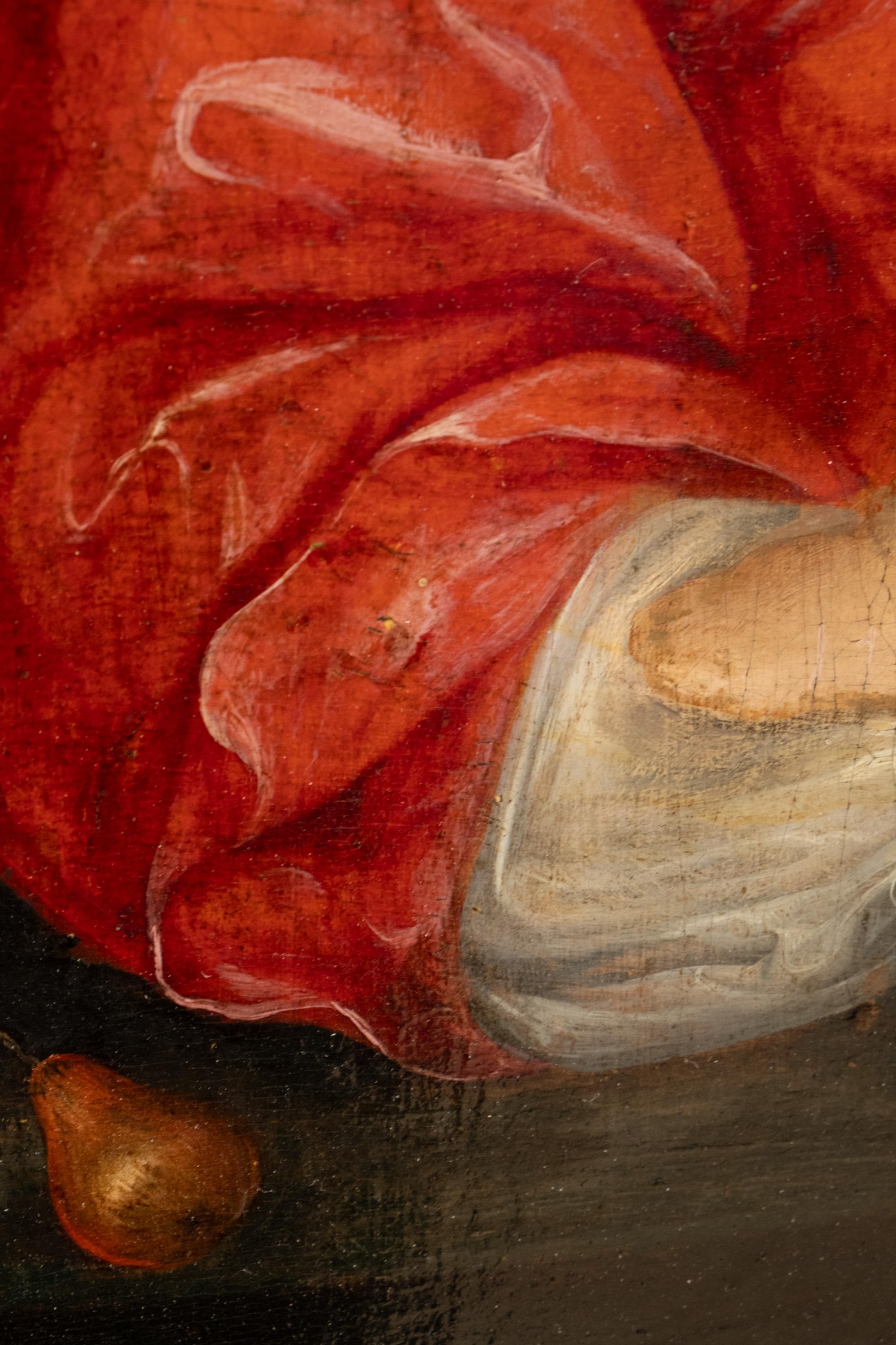 Escuela flamenca del siglo XVII, Virgen con niño y drapeado rojo. Aceite/madera - Figurative Painting Brown de Unknown