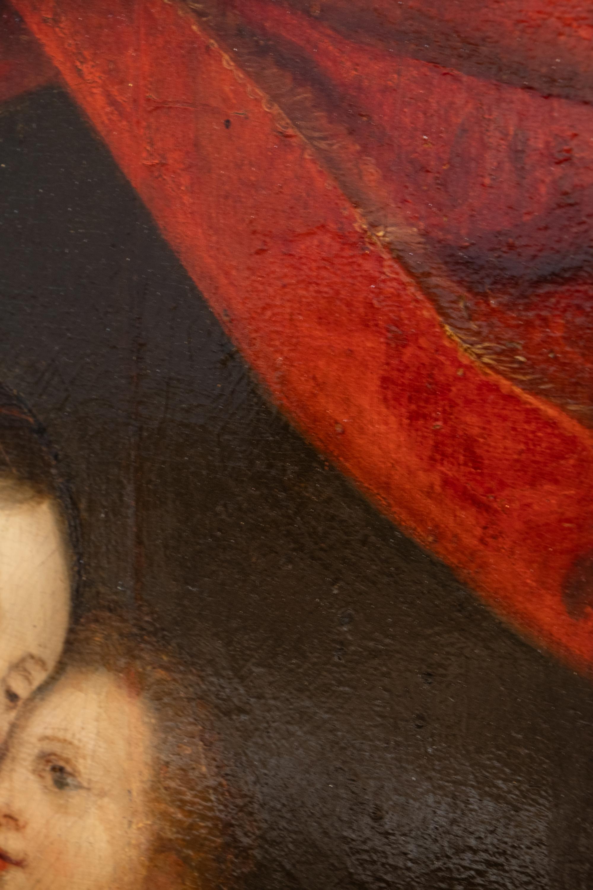 Escuela flamenca del siglo XVII, Virgen con niño y drapeado rojo. Aceite/madera en venta 2
