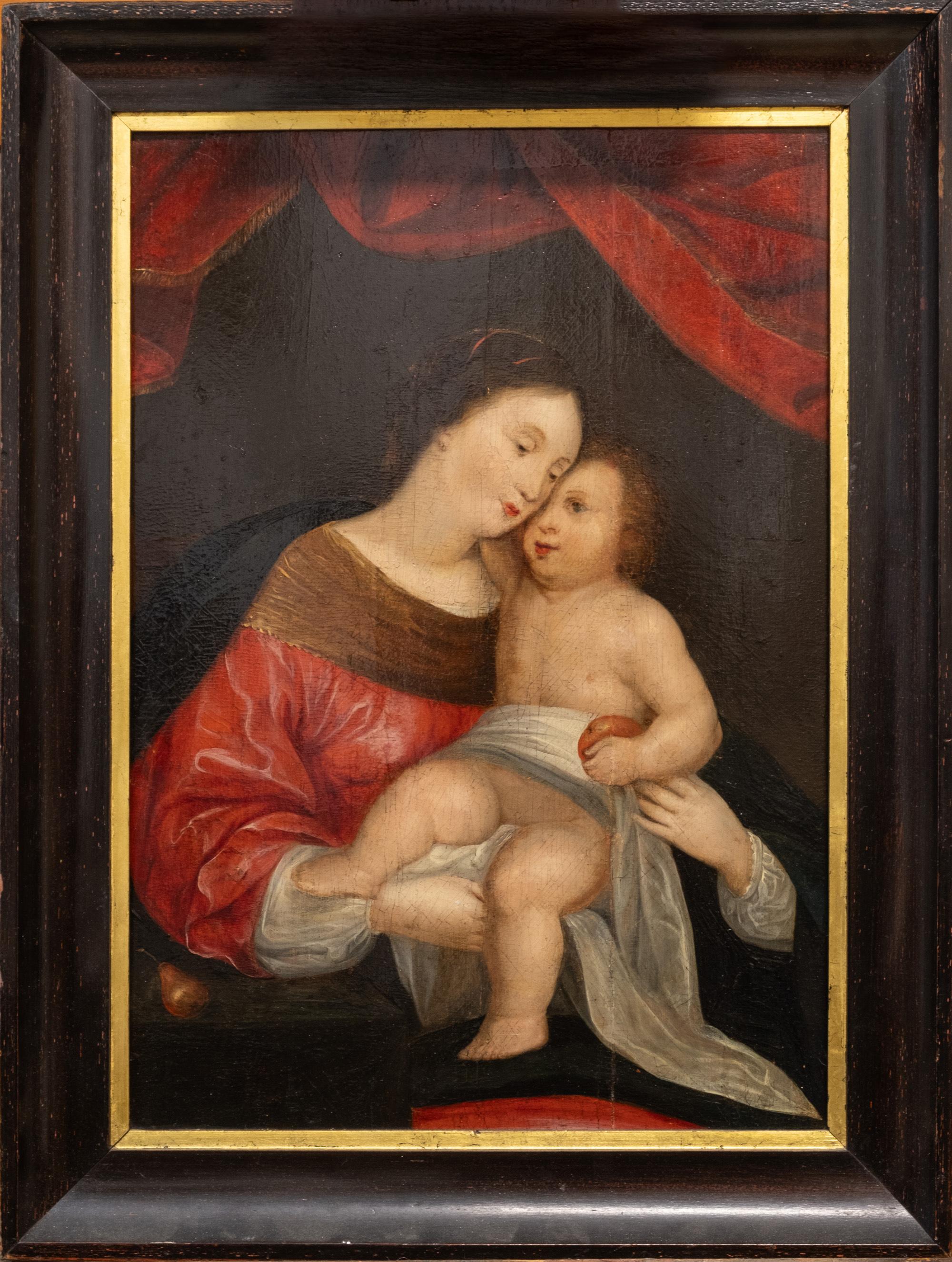 Figurative Painting de Unknown - Escuela flamenca del siglo XVII, Virgen con niño y drapeado rojo. Aceite/madera
