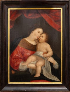17th century Flemish school, Madonna with child and red Drapery. Oil/wood