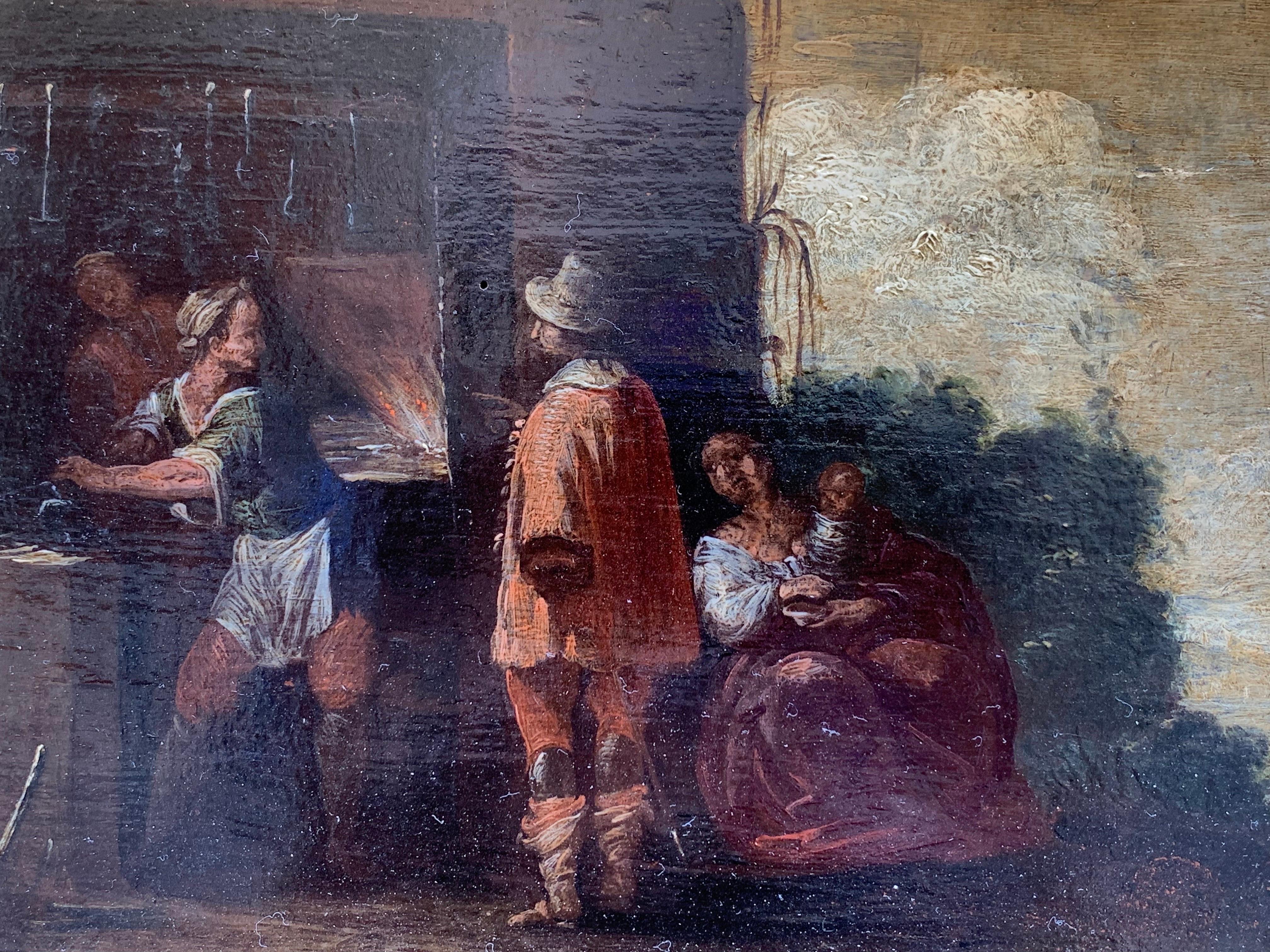Siglo XVII. Caballero con espada en la fragua de un herrero. - Figurative Painting Marrón de Unknown