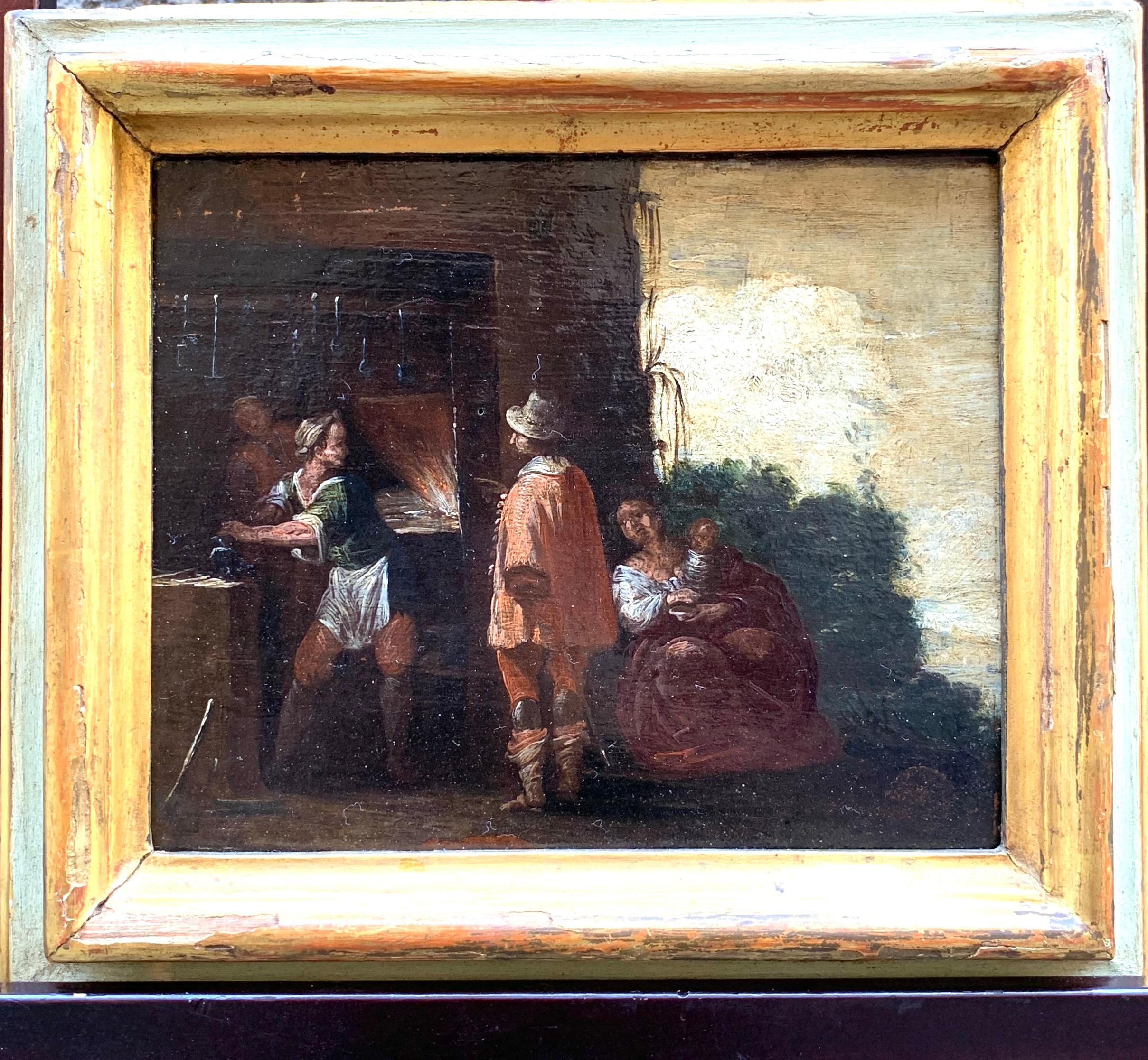 Figurative Painting de Unknown - Siglo XVII. Caballero con espada en la fragua de un herrero.