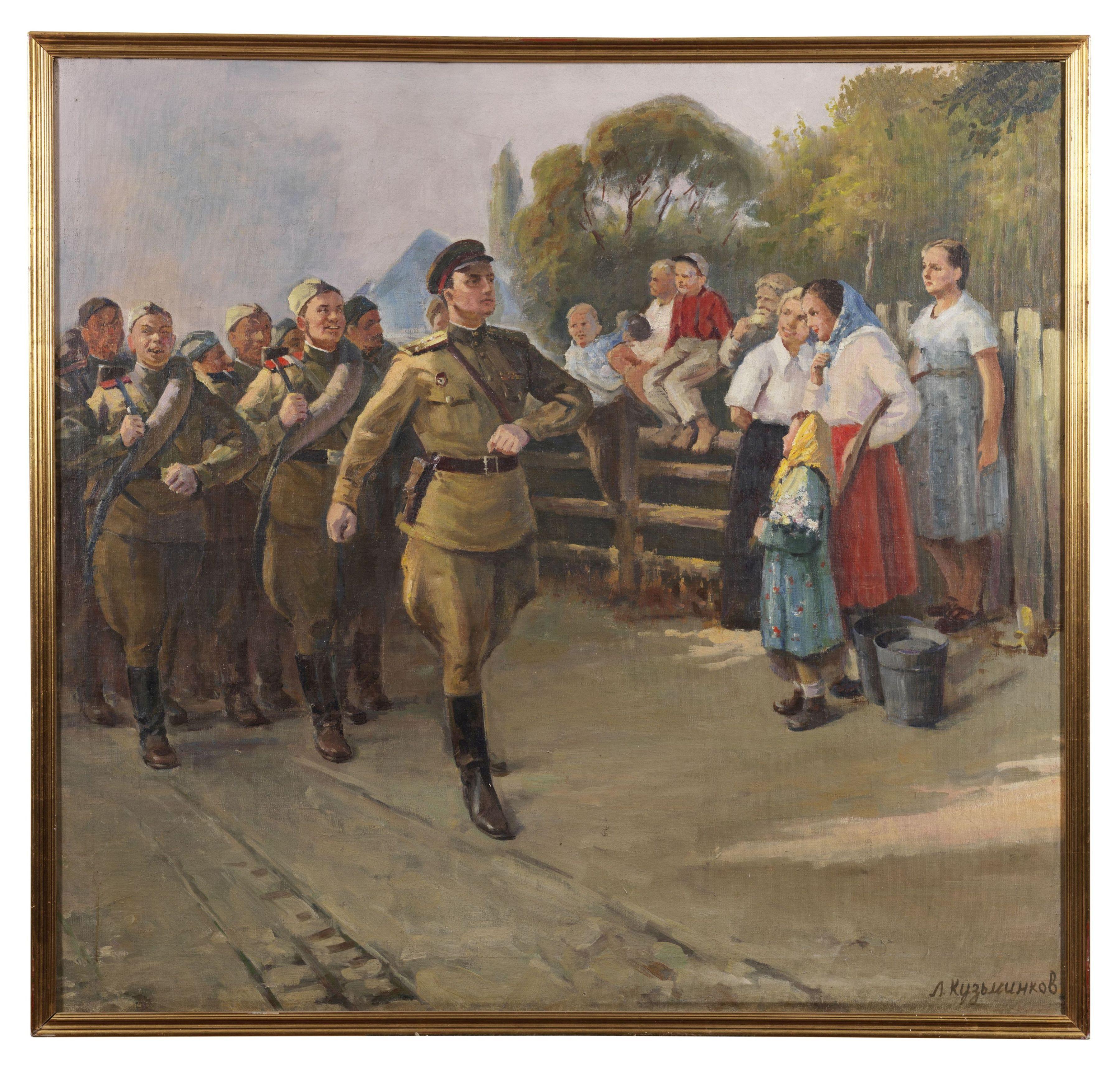 XX Century Russian School The Parade Crowd Military Oil on Canvas Yellow Brown - Painting by Unknown