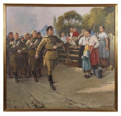 XX Century Russian School The Parade Crowd Military Oil on Canvas Yellow Brown