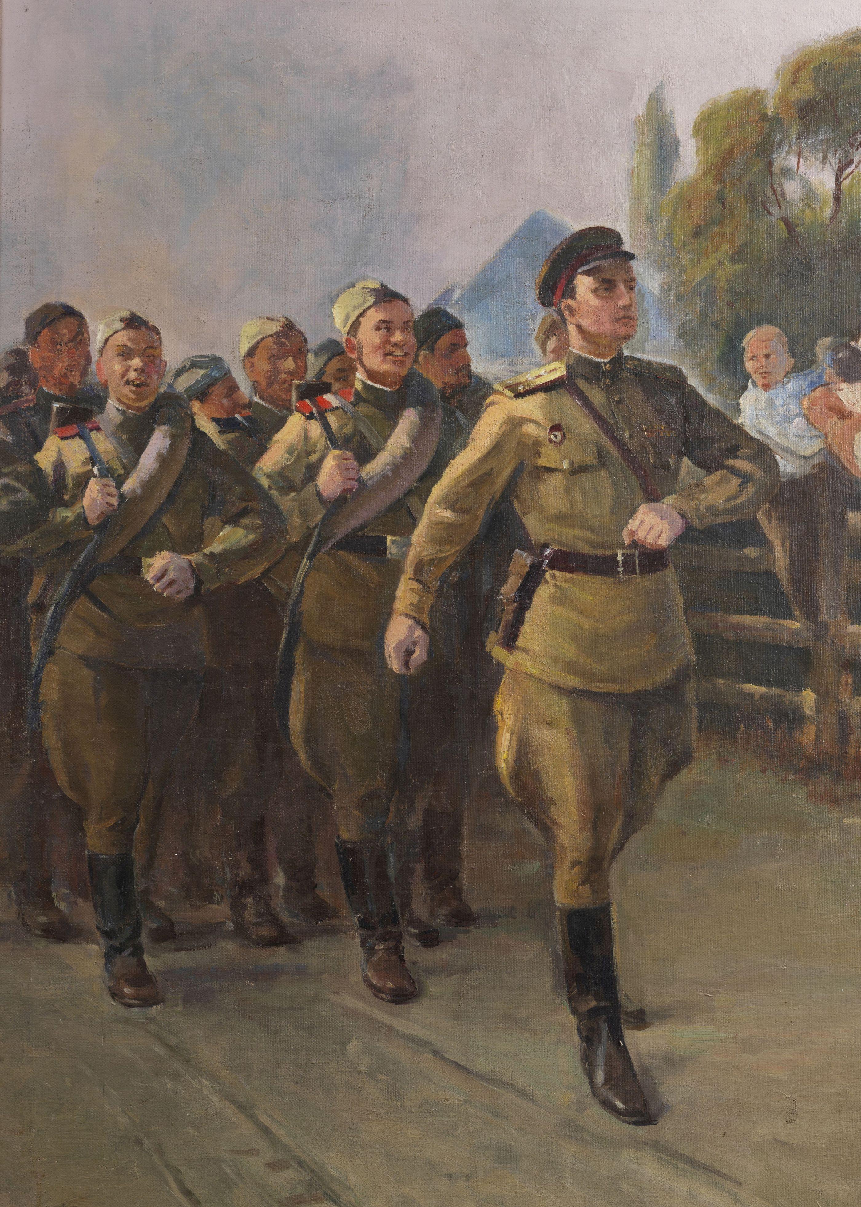 XX secolo Russian School La parata della folla militare Olio su tela giallo marrone - Painting Contemporaneo di Unknown