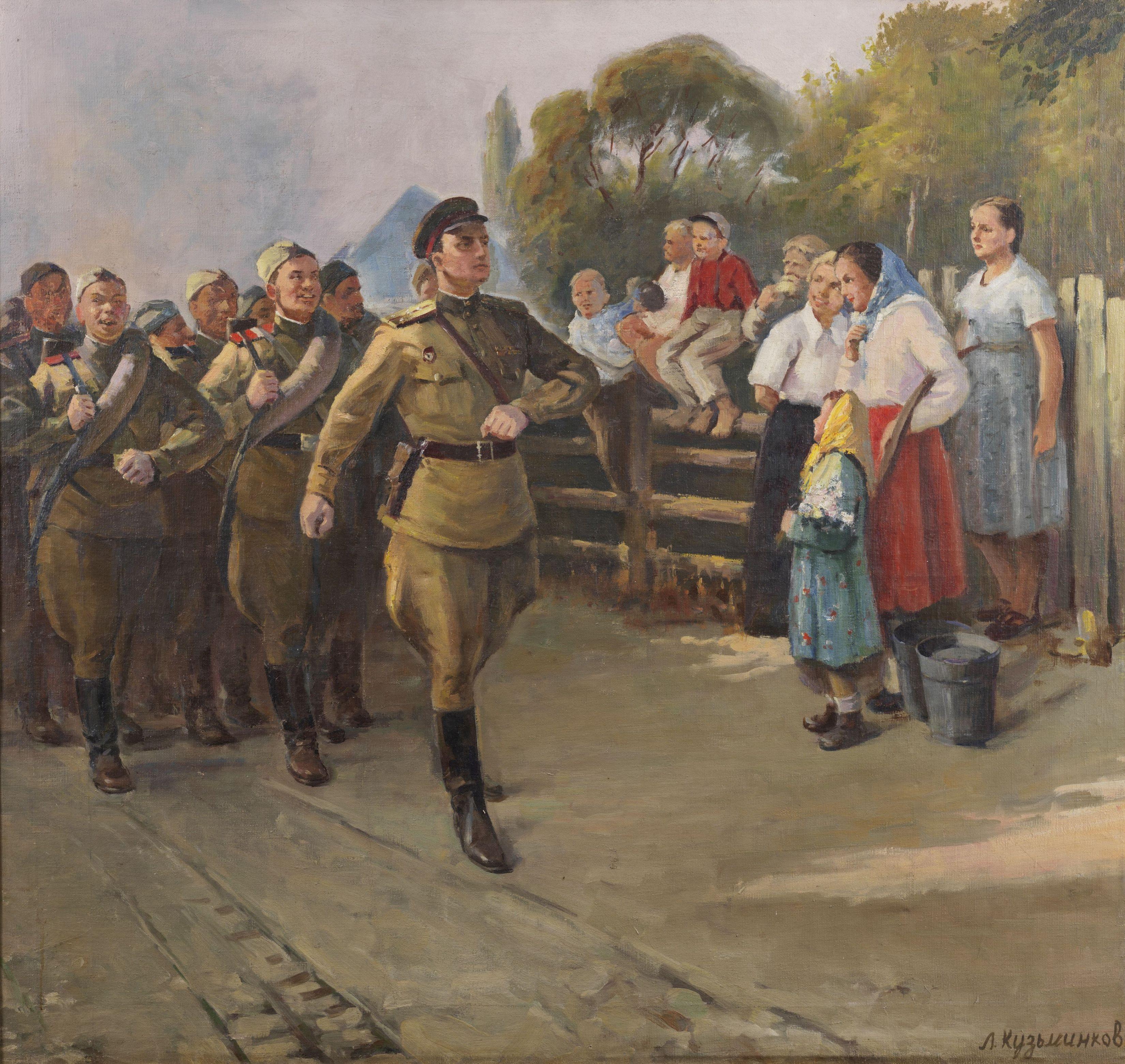 XX Century Russian School The Parade Crowd Military Oil on Canvas Yellow Brown