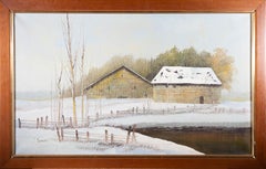 Y. Simon - Huile du XXe siècle, paysage d'hiver avec cabanes en bois