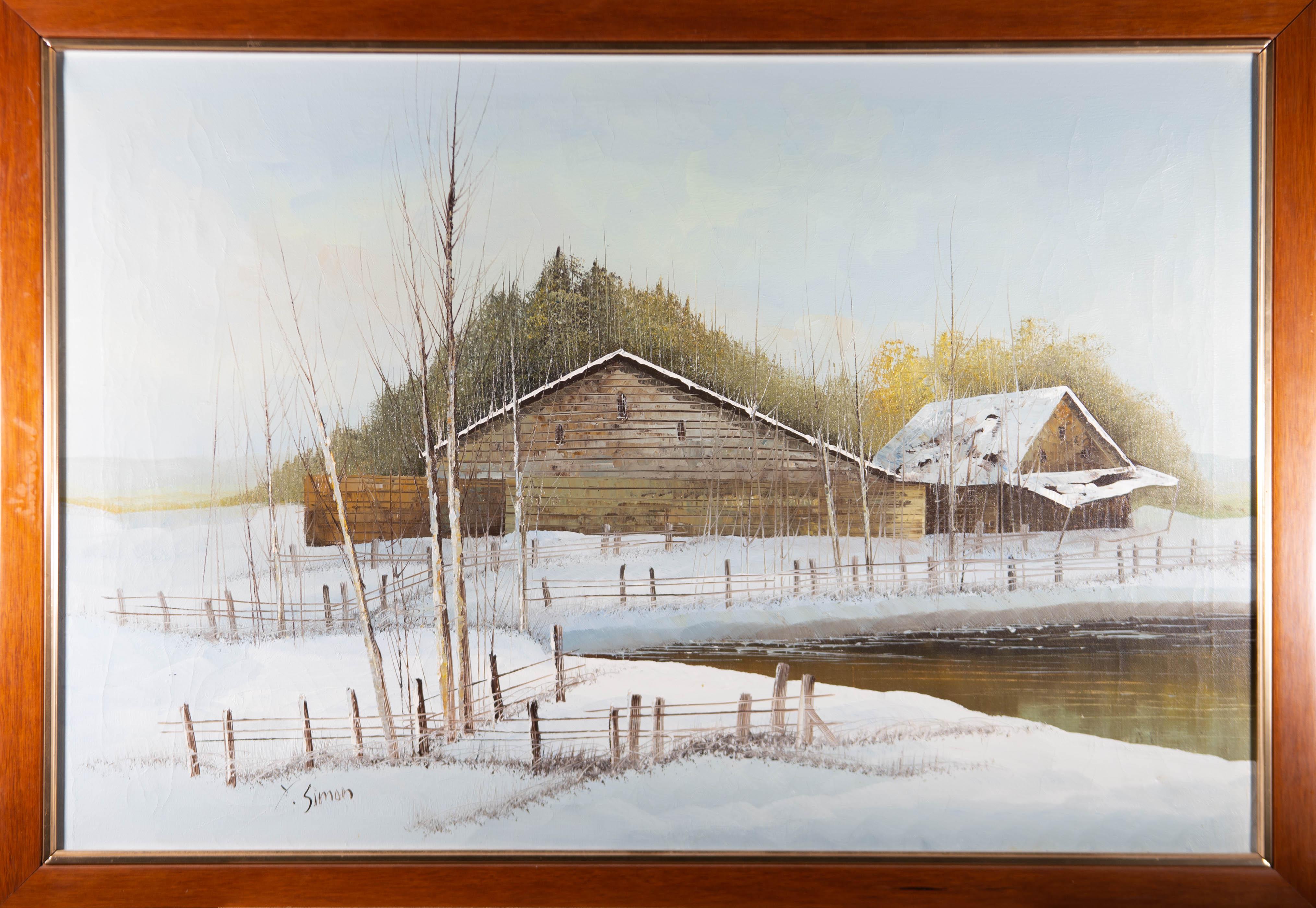 Unknown Landscape Painting - Y. Simon - Signed & Framed Mid 20th Century Oil, Snowy Barn