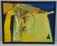 Peinture expressionniste abstraite en jaune et bleu, encadrée, huile sur toile, signée, années 1960