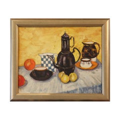 Yellow and Blue Toned Early Texas Still Life Painting of Fruits and Vases