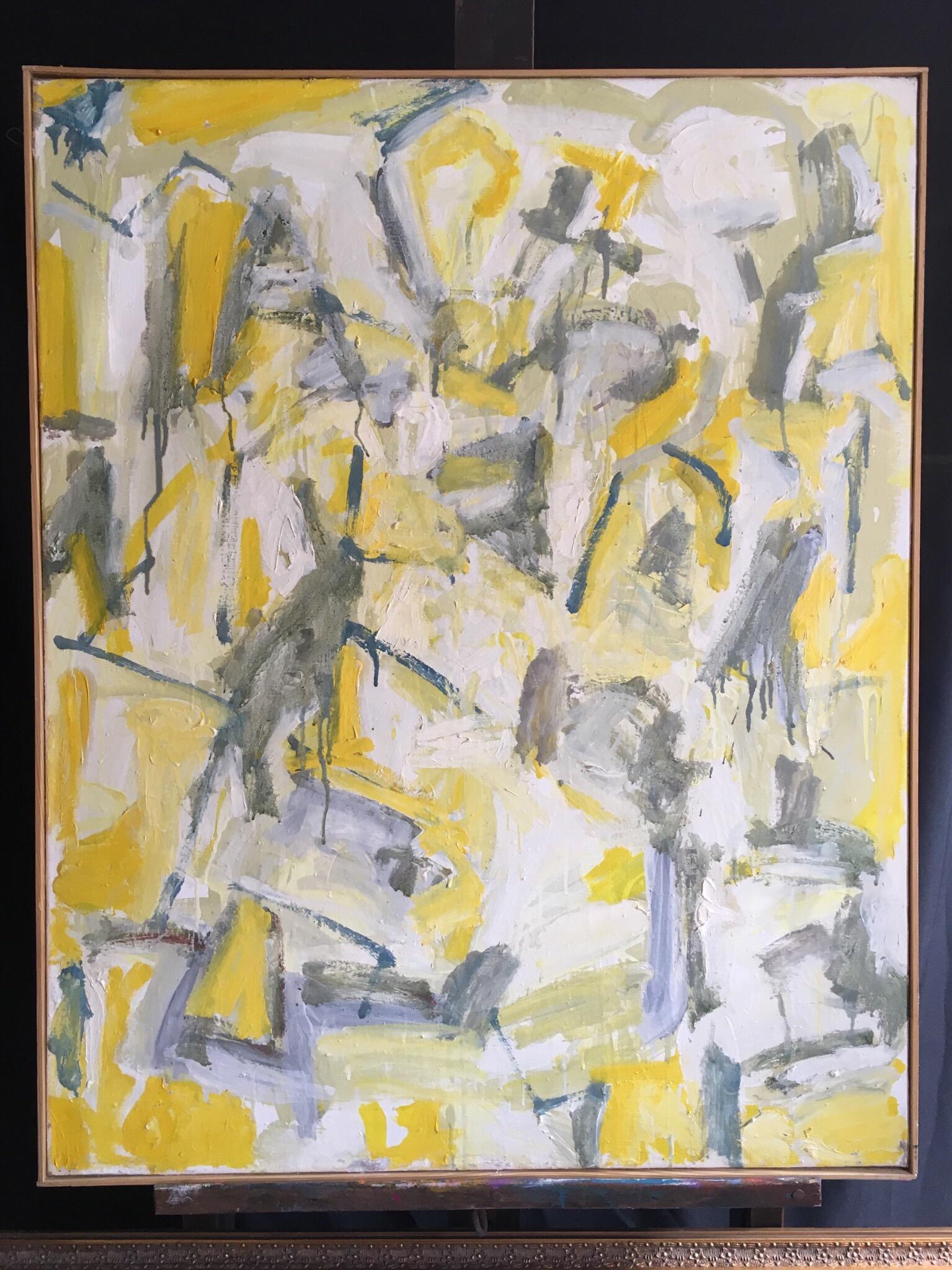 Abstraktes, großes Ölgemälde auf Leinwand, kubistisches expressionistisches Werk in Gelb und Grau – Painting von Unknown